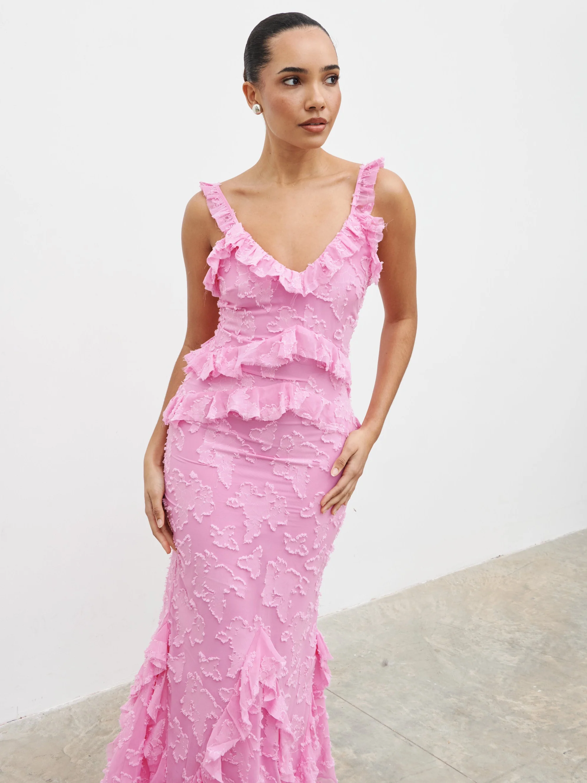 Helena Ruffle Jacquard Maxi Dress - Peony Pink - Image 6