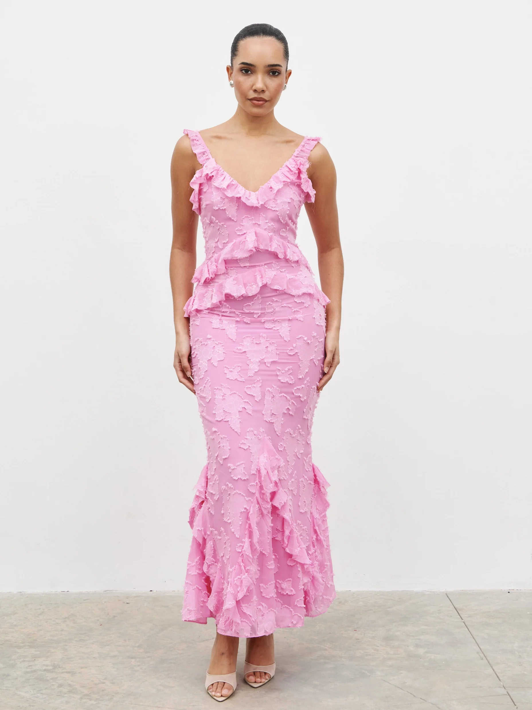 Helena Ruffle Jacquard Maxi Dress - Peony Pink - Image 8