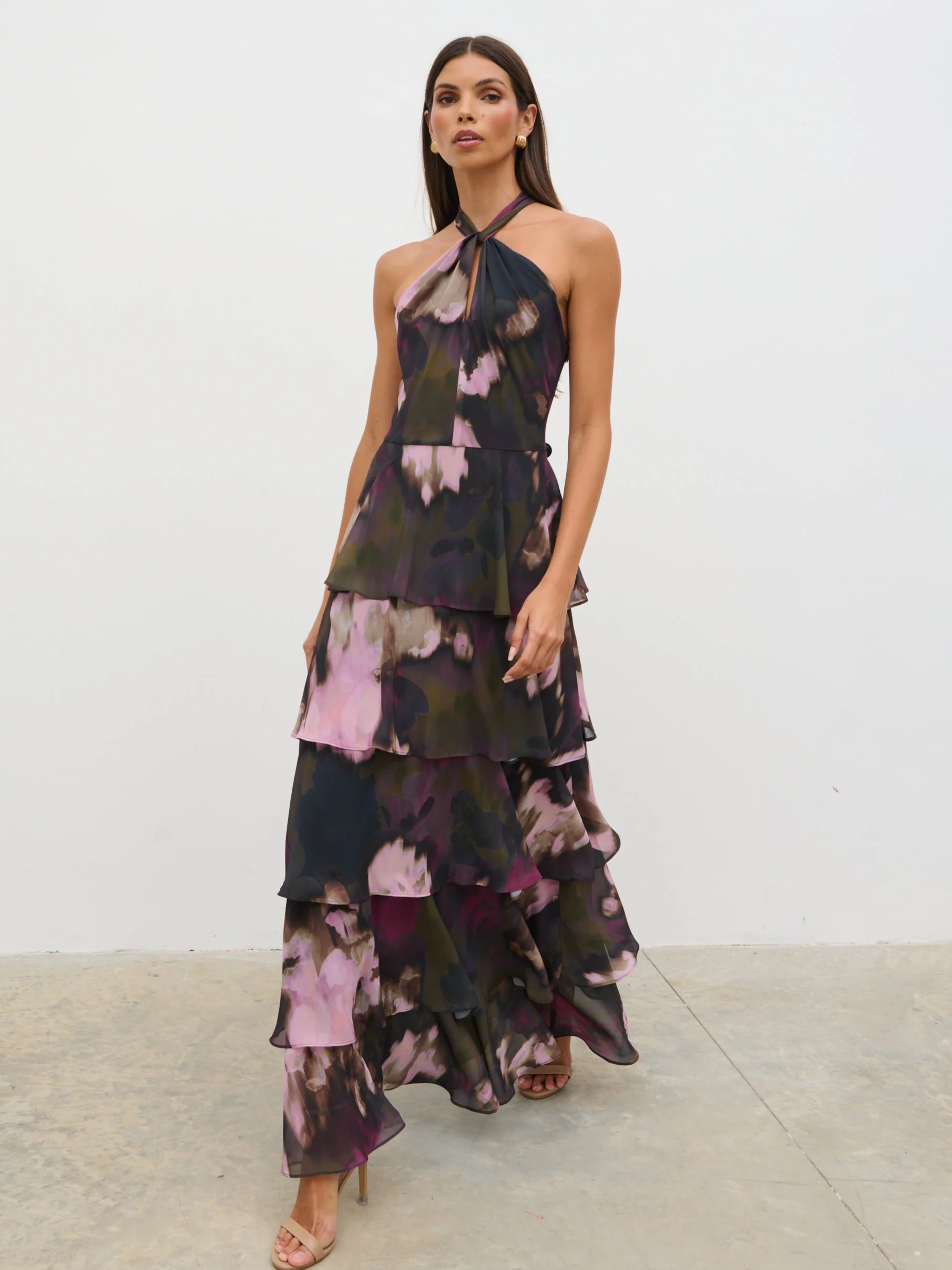 Hester Halter Neck Ruffle Maxi Dress - Purple and Khaki Ombre - Image 2