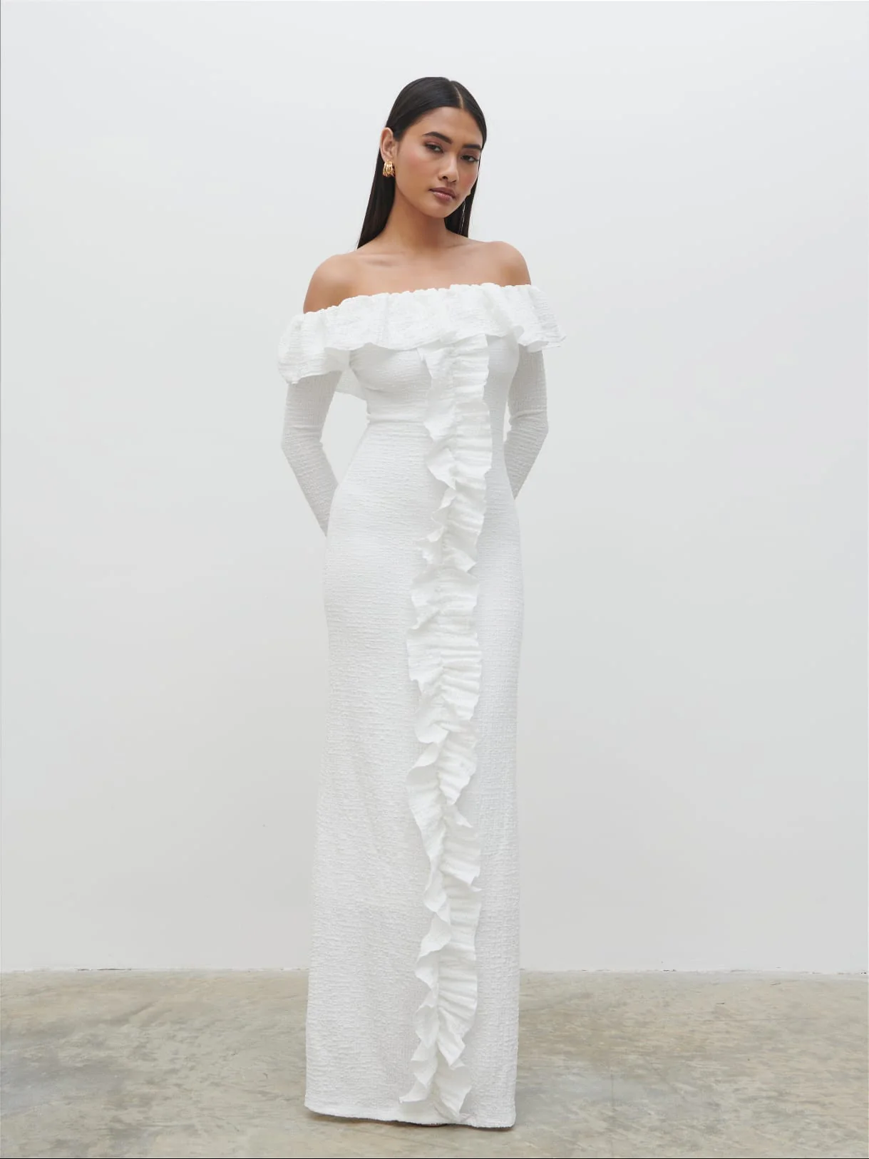 Hope Bardot Ruffle Jersey Maxi Dress - Cream - Image 4