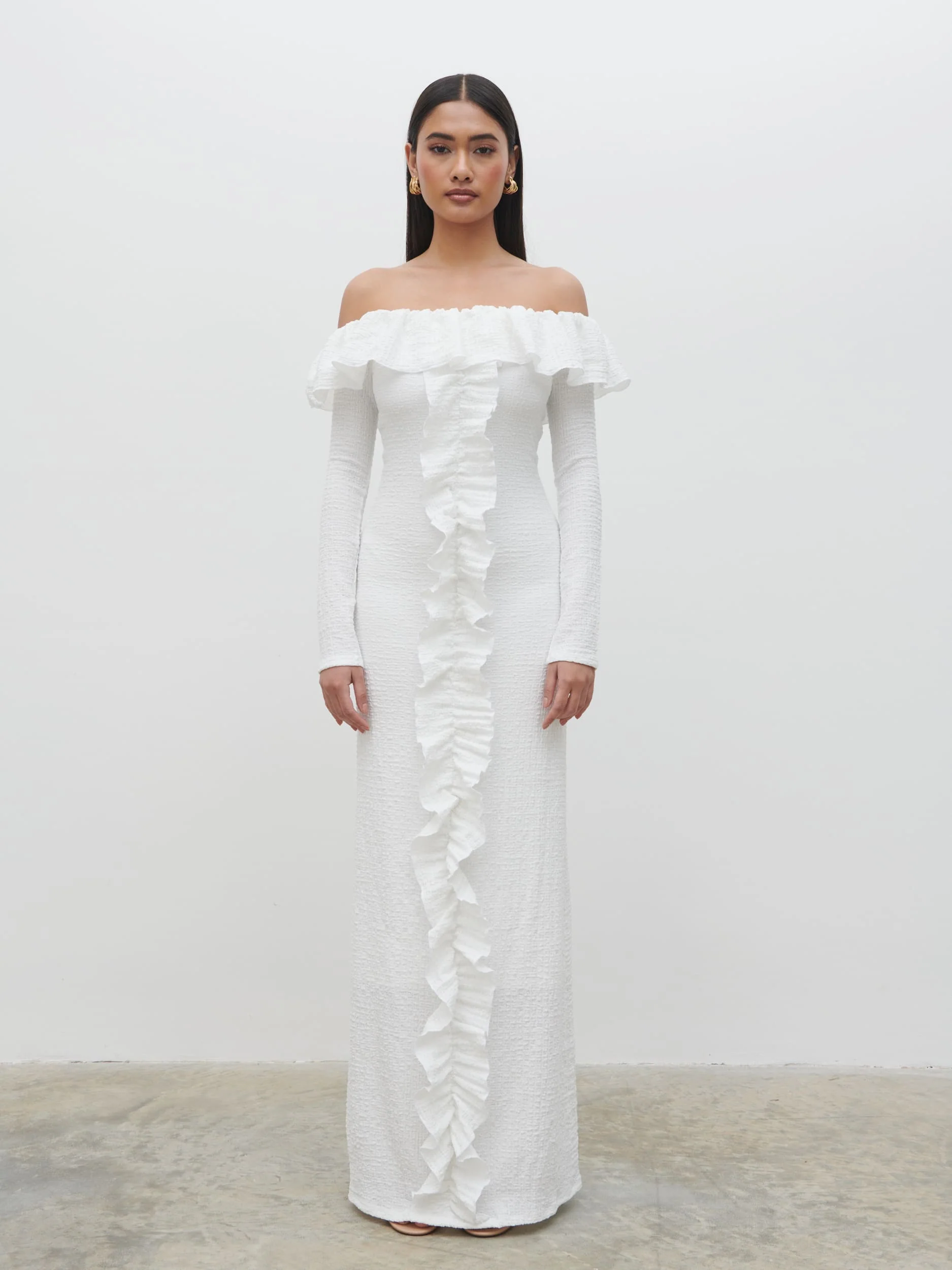 Hope Bardot Ruffle Jersey Maxi Dress - Cream - Image 6