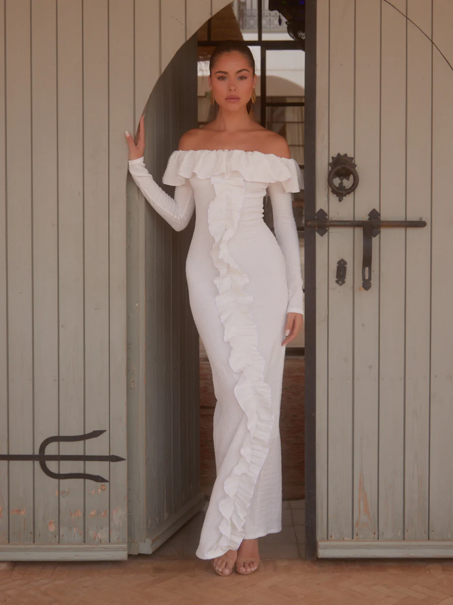 Hope Bardot Ruffle Jersey Maxi Dress - Cream - Image 7