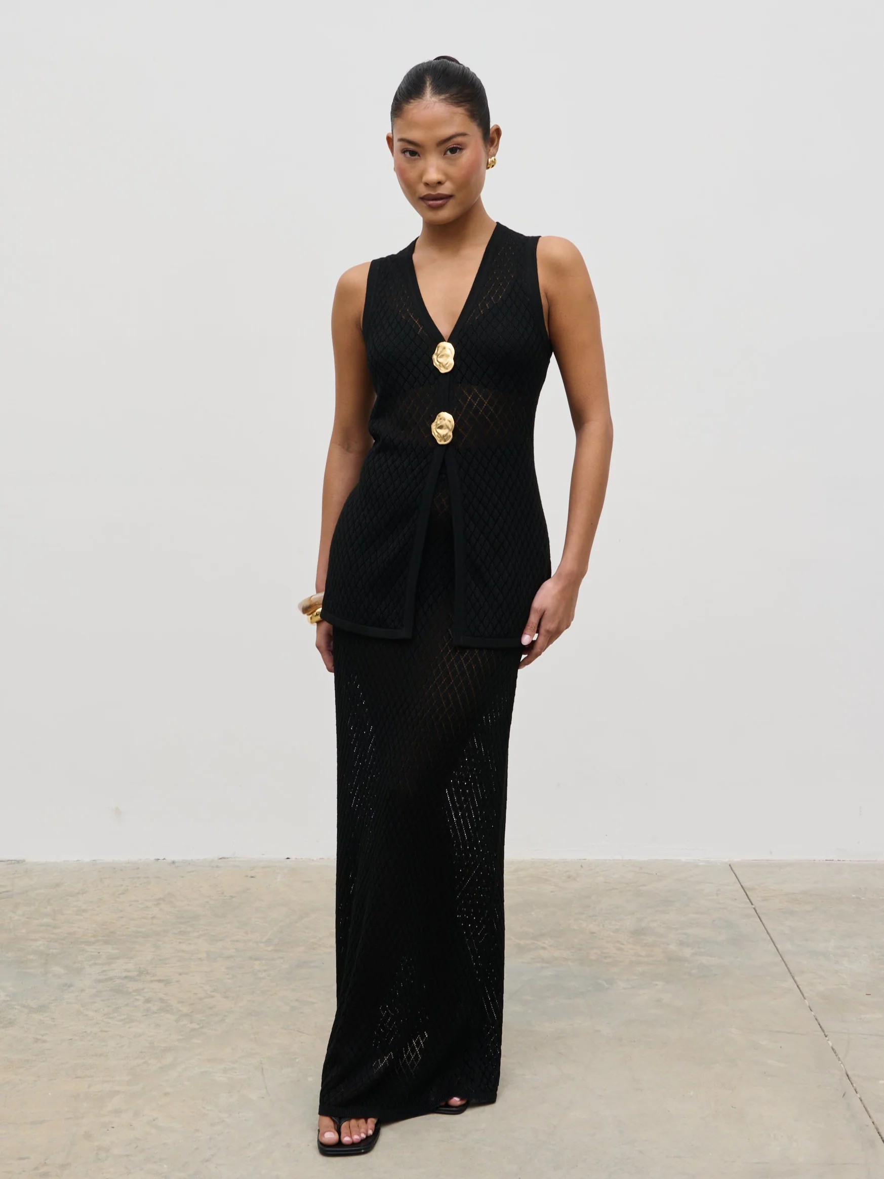 Imani Pointelle Knit Maxi Skirt - Black - Image 4
