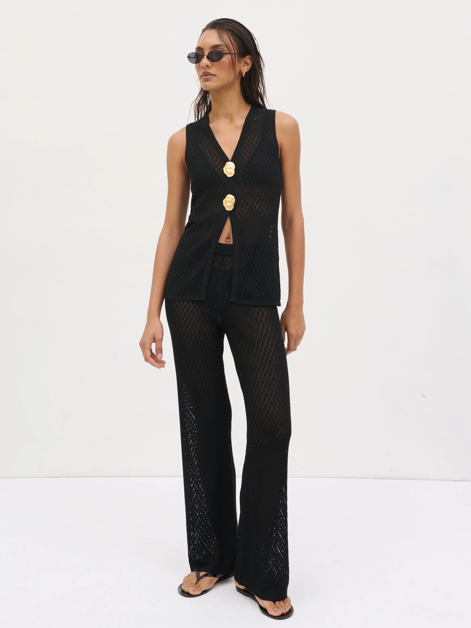 Imani Pointelle Knit Trousers - Black - Image 7