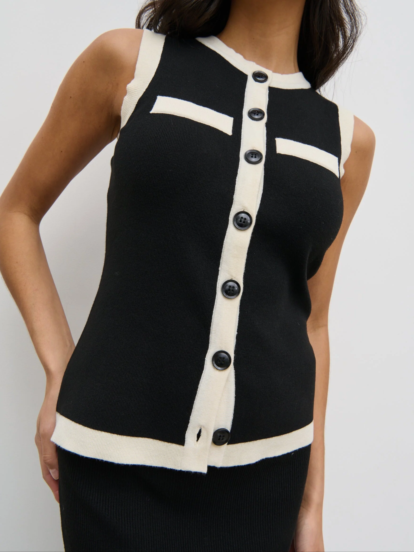 Indigo Contrast Knit Waistcoat - Black and Cream - Image 11