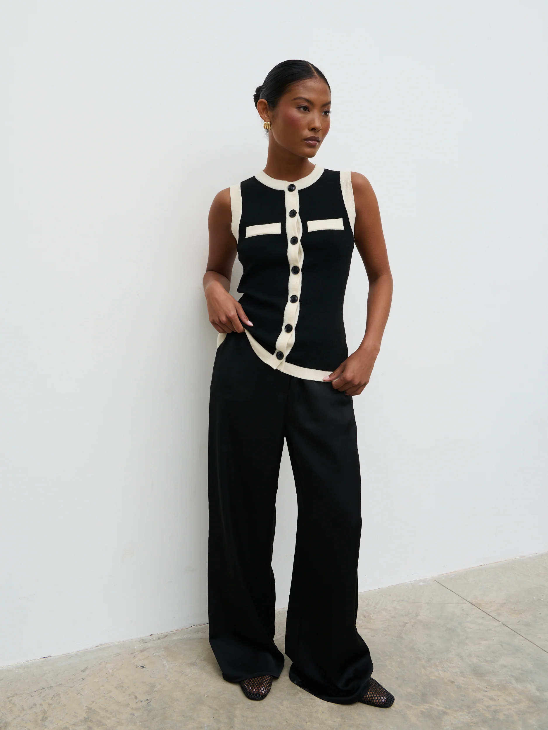 Indigo Contrast Knit Waistcoat - Black and Cream - Image 3