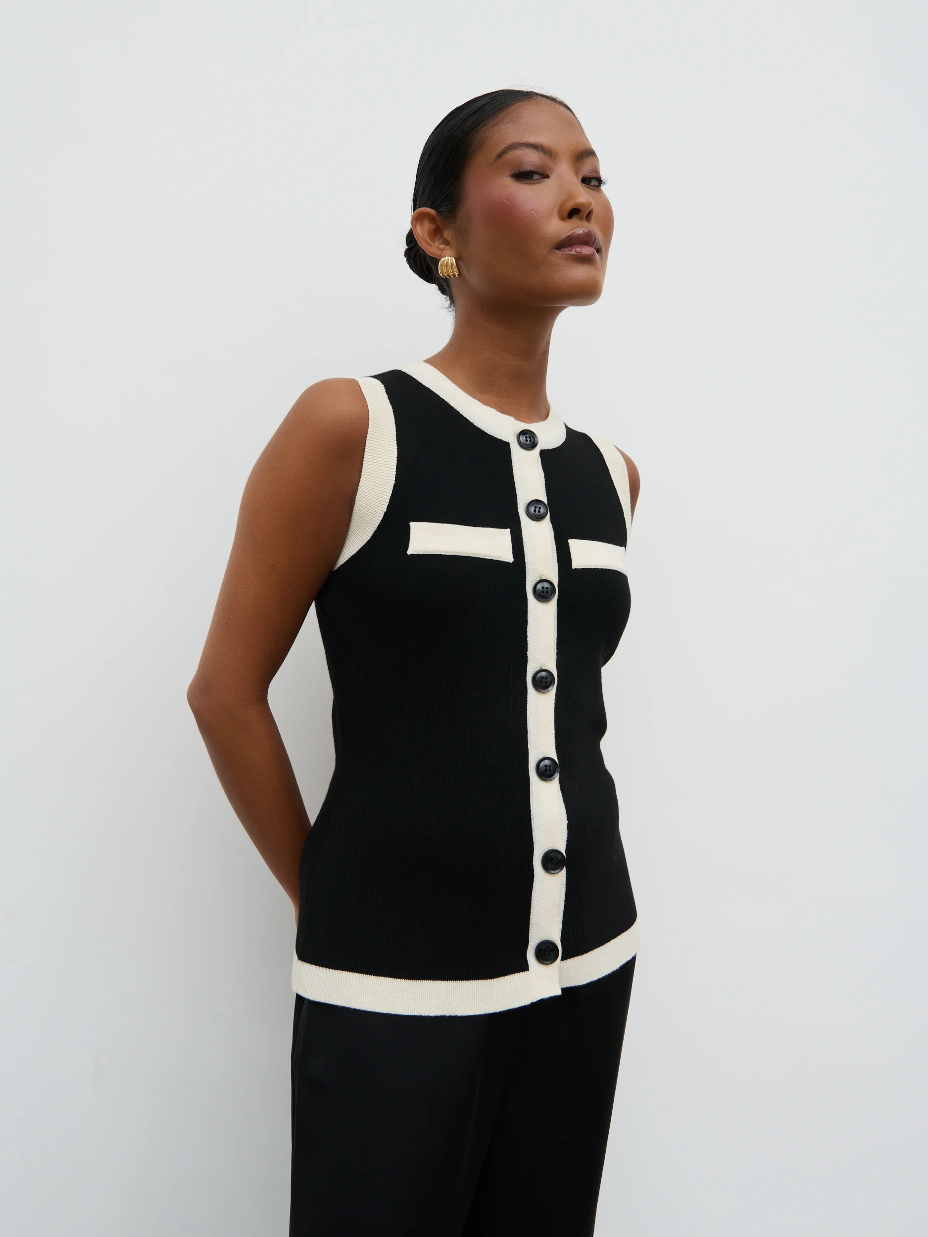 Indigo Contrast Knit Waistcoat - Black and Cream - Image 5