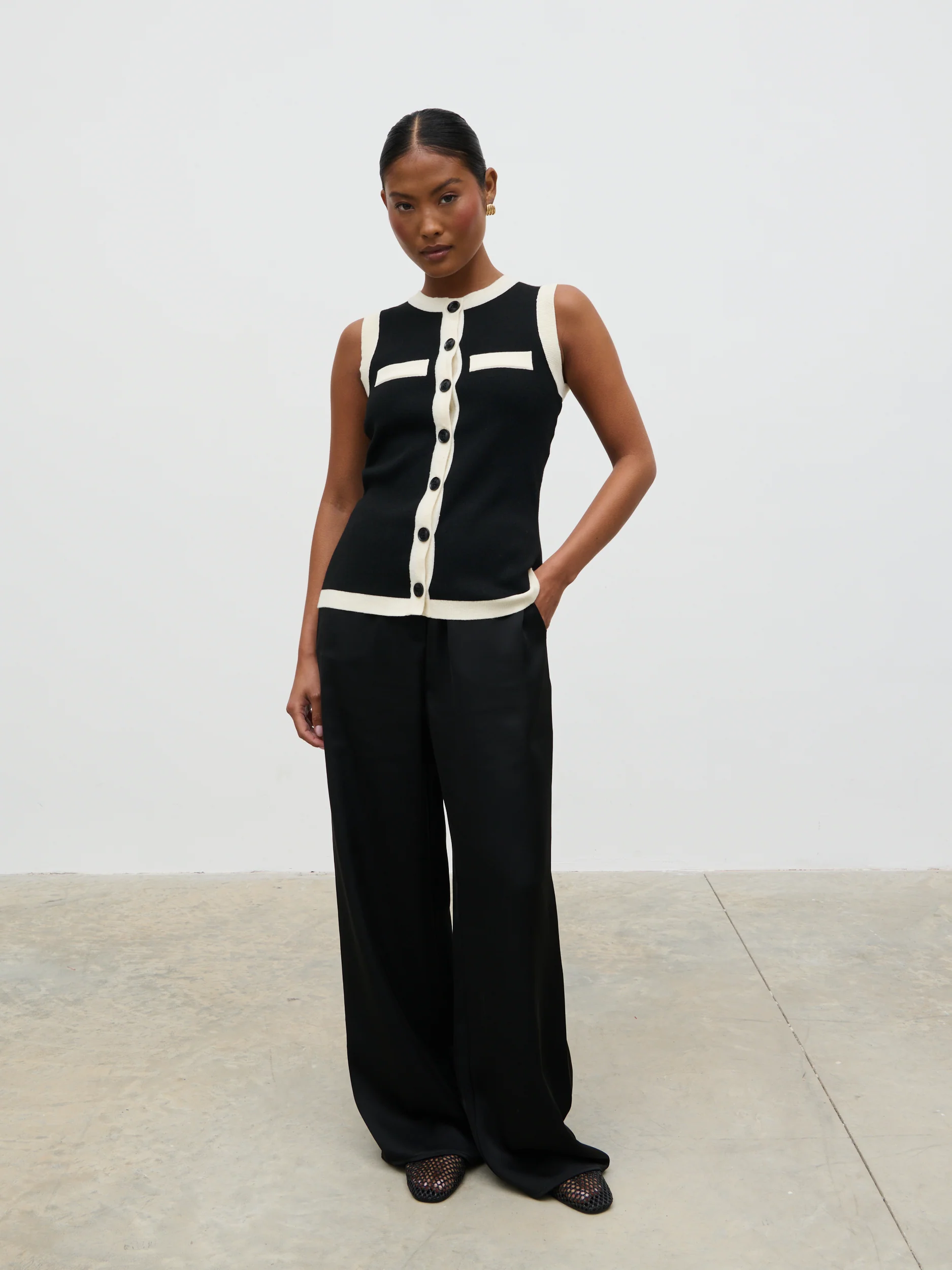 Indigo Contrast Knit Waistcoat - Black and Cream - Image 6