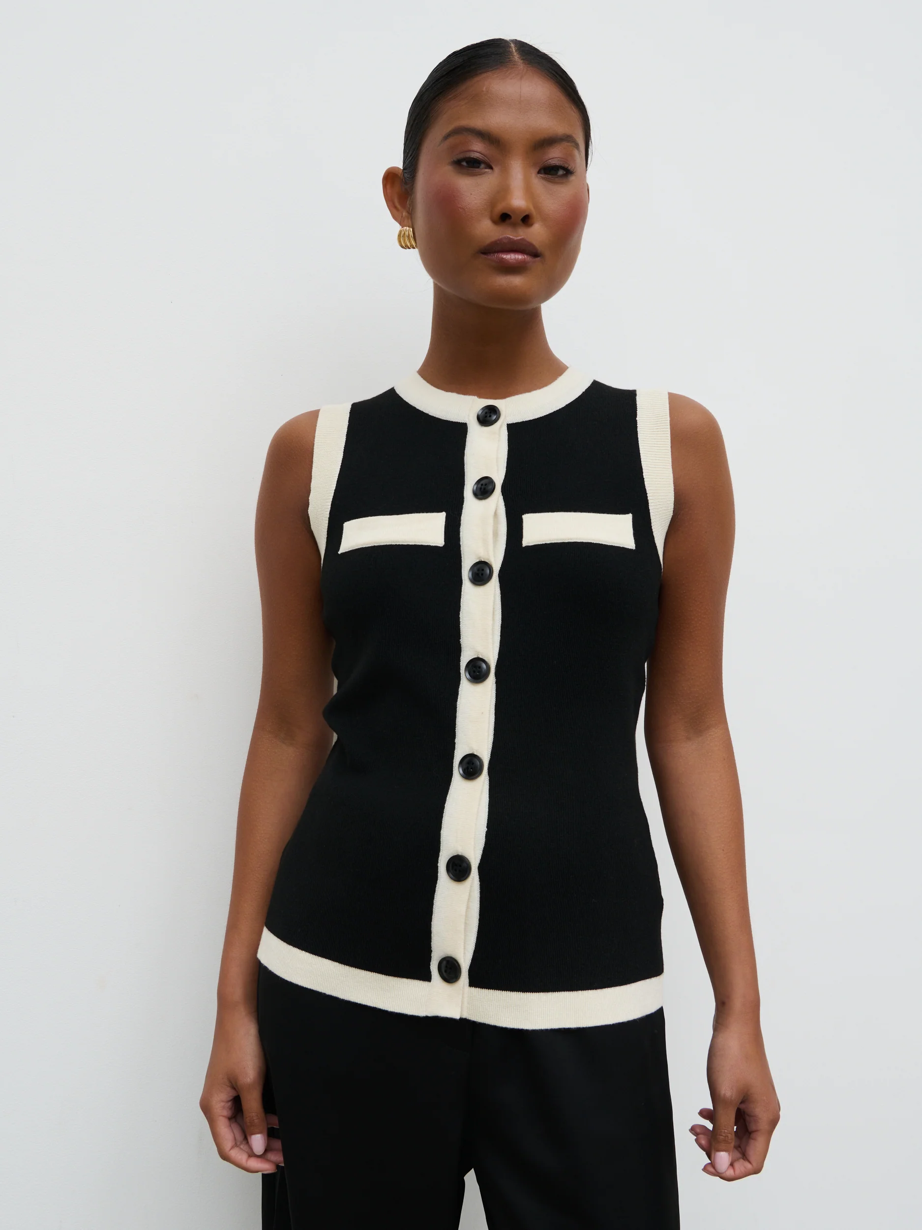 Indigo Contrast Knit Waistcoat - Black and Cream - Image 7
