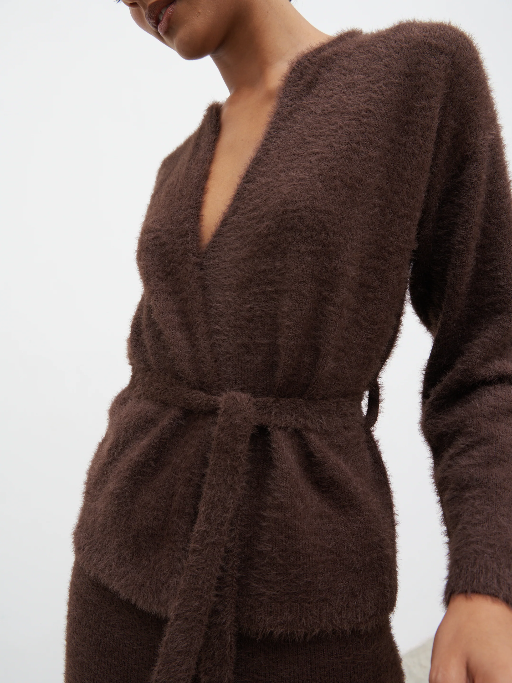 Isabella Fluffy Knit Tie Waist Cardigan - Chocolate - Image 2