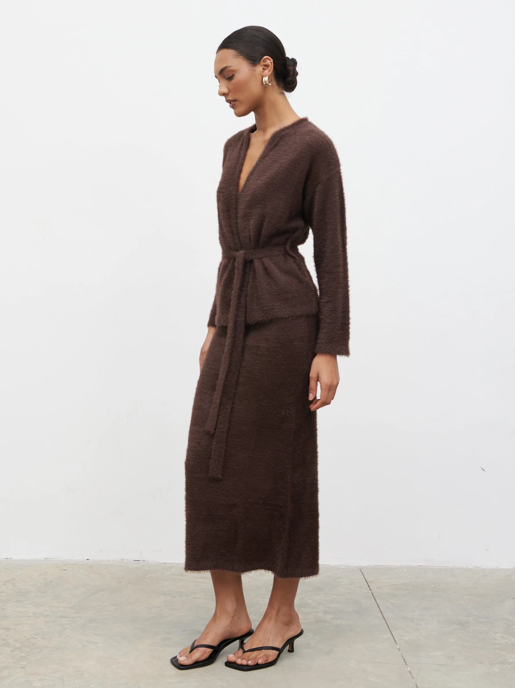 Isabella Fluffy Knit Tie Waist Cardigan - Chocolate - Image 3