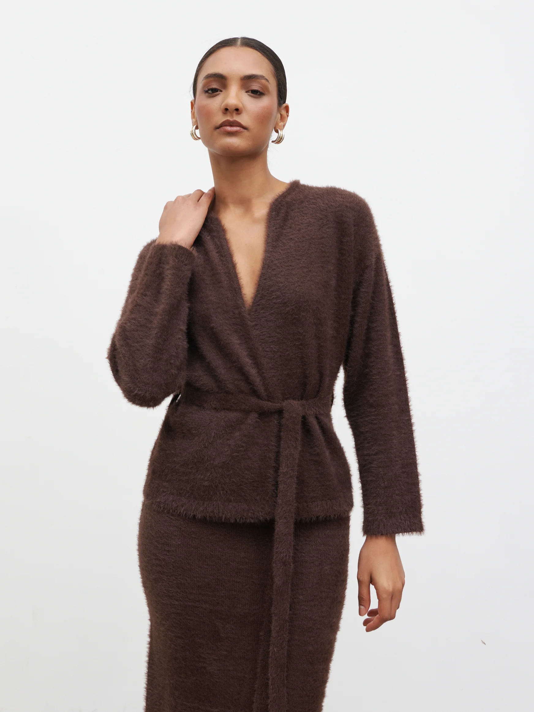 Isabella Fluffy Knit Tie Waist Cardigan - Chocolate - Image 4