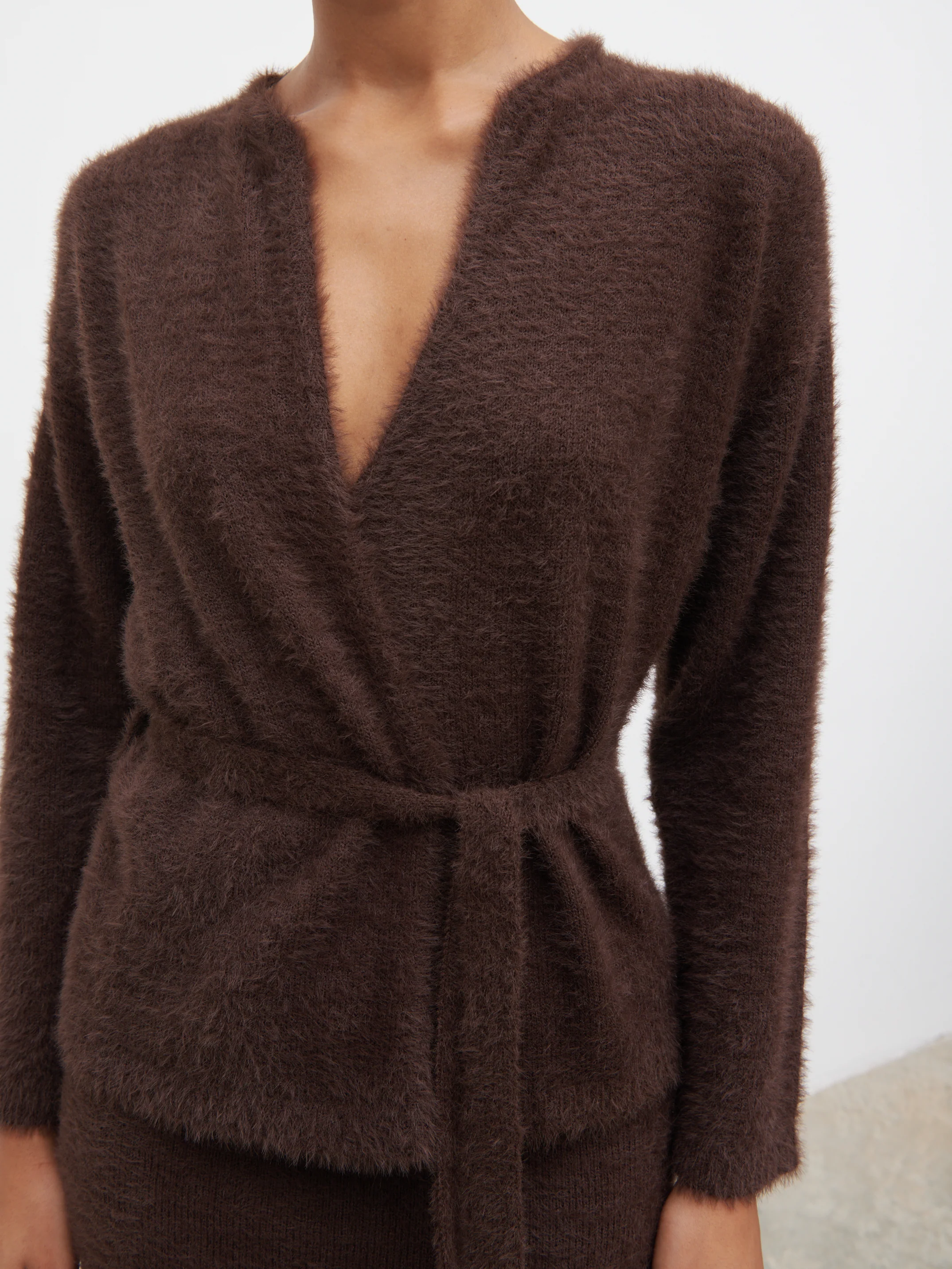 Isabella Fluffy Knit Tie Waist Cardigan - Chocolate - Image 5