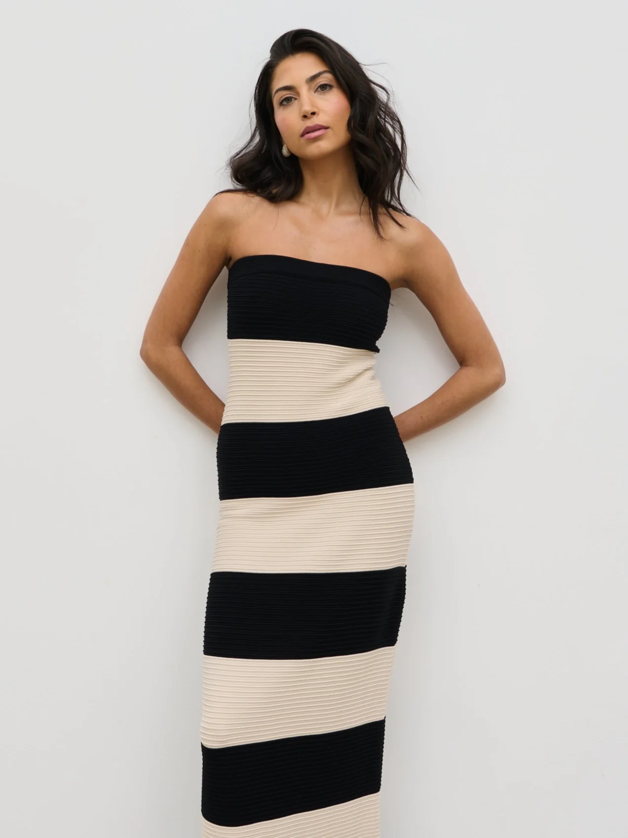 Jamie Bandeau Stripe Crochet Knit Maxi Dress - Black and Cream - Image 3