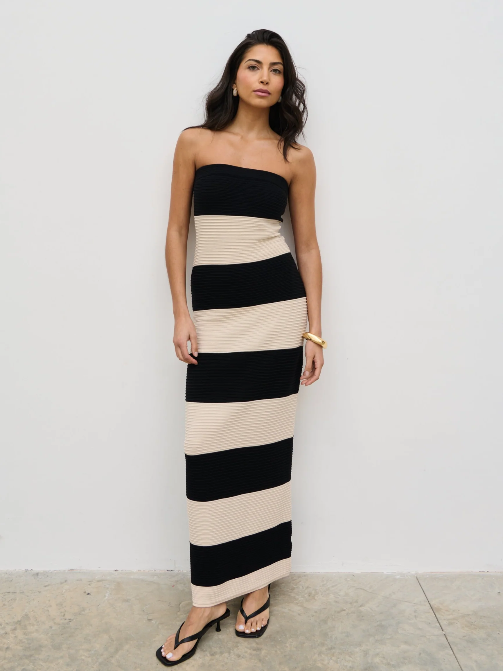 Jamie Bandeau Stripe Crochet Knit Maxi Dress - Black and Cream - Image 4