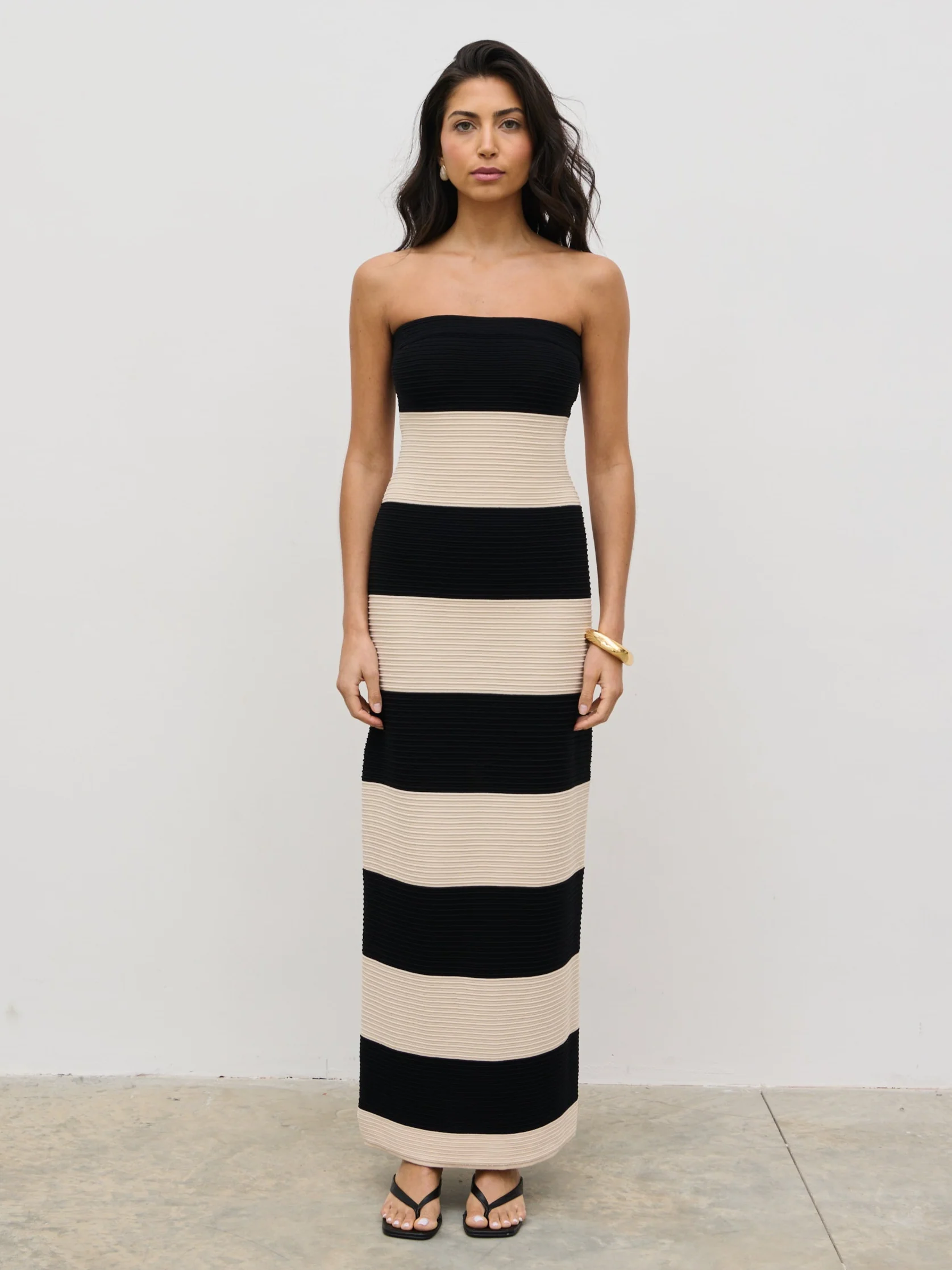 Jamie Bandeau Stripe Crochet Knit Maxi Dress - Black and Cream - Image 6