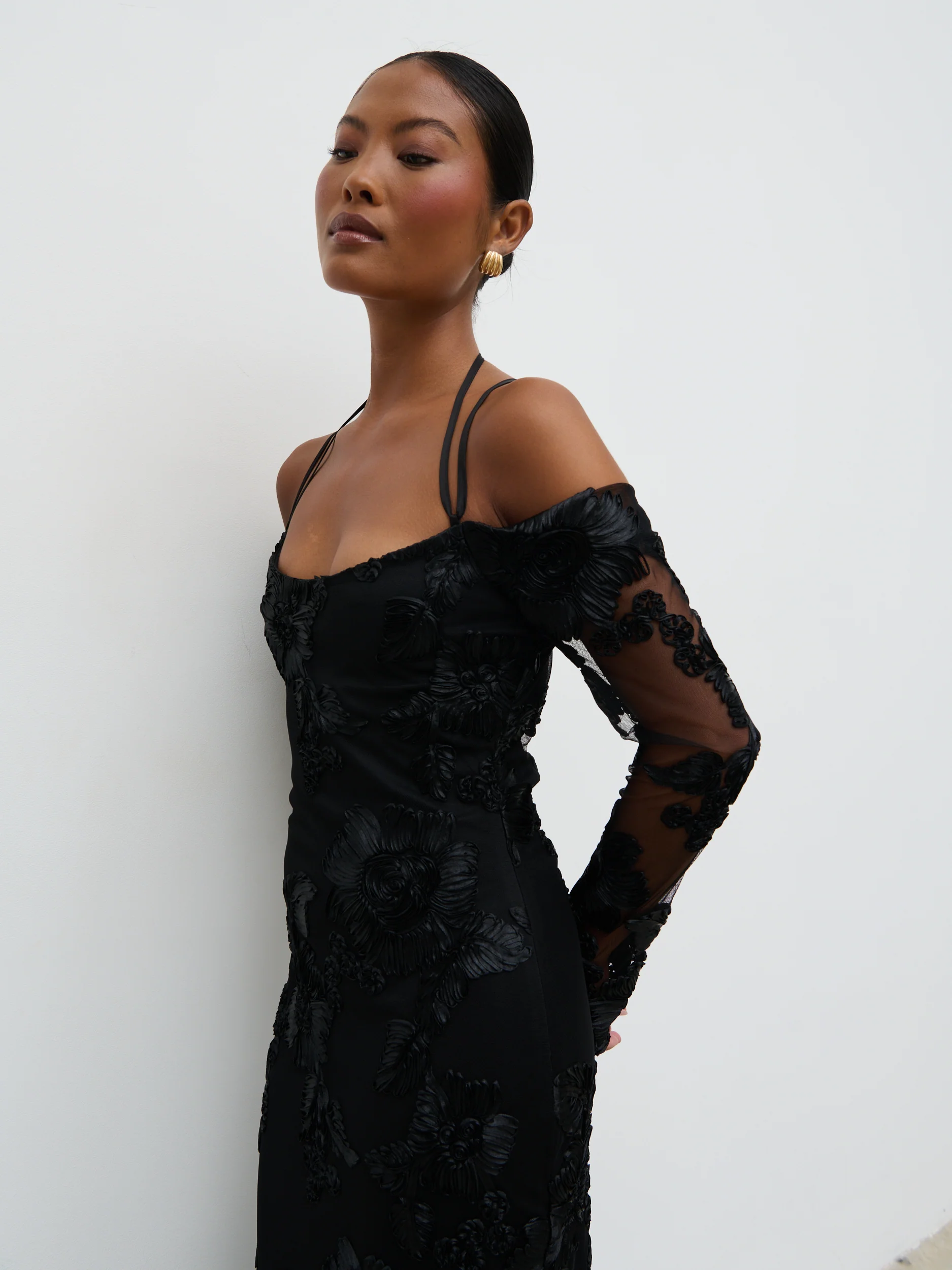 Jamila Cold Shoulder Maxi Dress - Black Jacquard Floral - Image 6