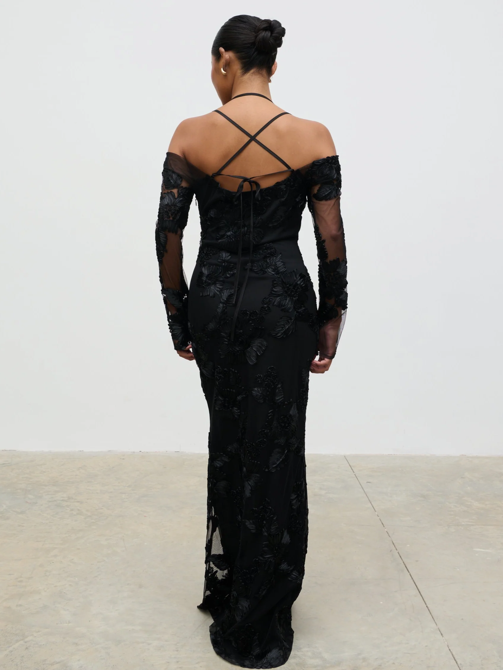 Jamila Cold Shoulder Maxi Dress - Black Jacquard Floral - Image 8