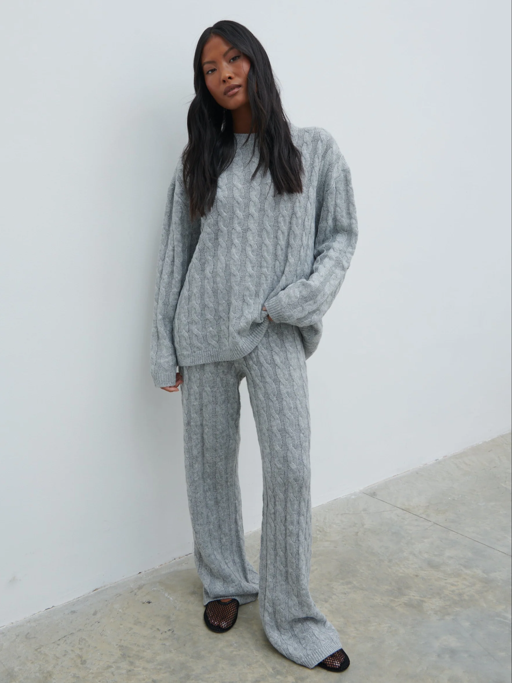 Jayde Cable Knit Trousers - Grey Marl - Image 3