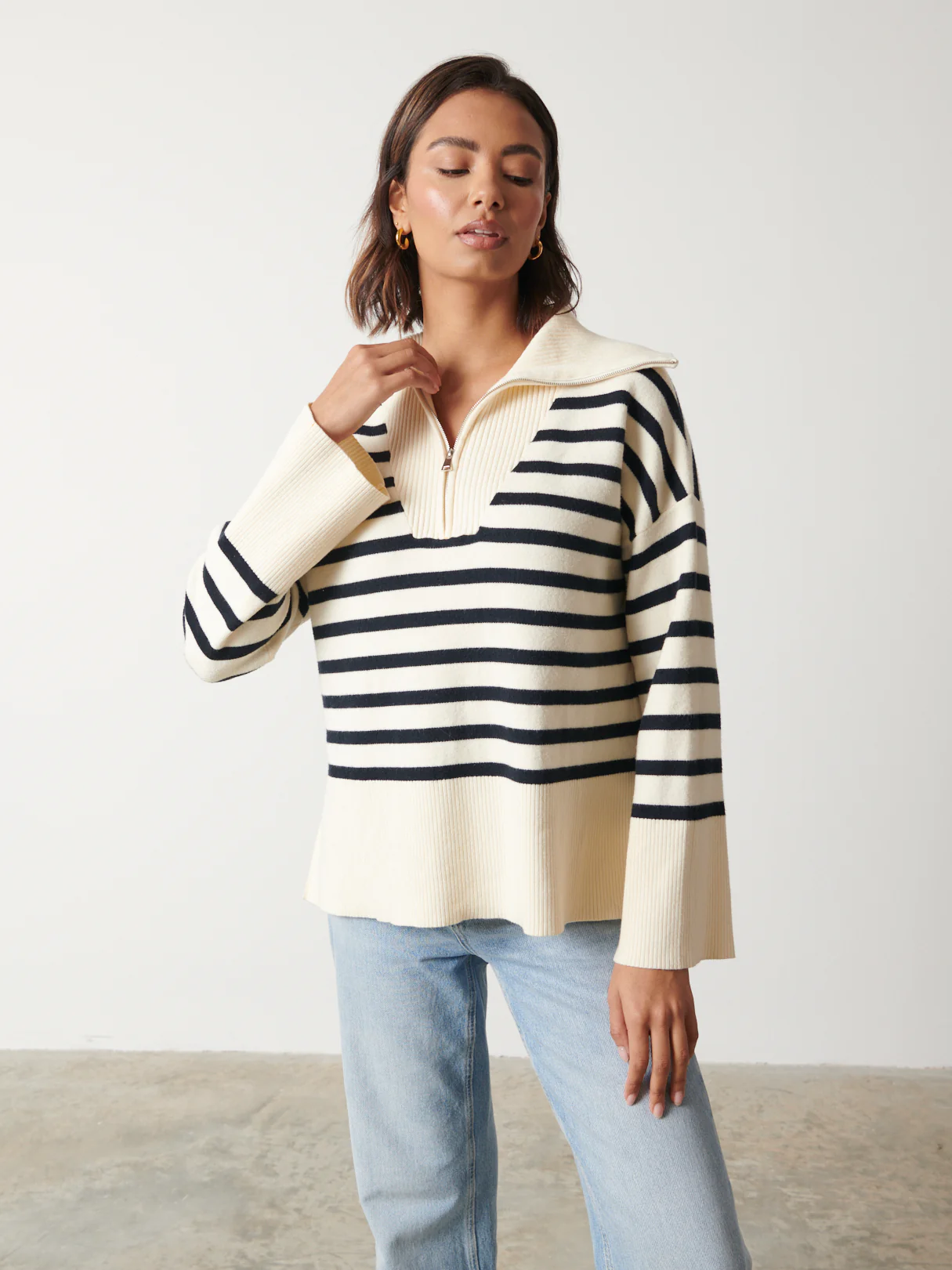 Jayden Funnel Neck Zip Jumper - Cream and Navy - Image 2