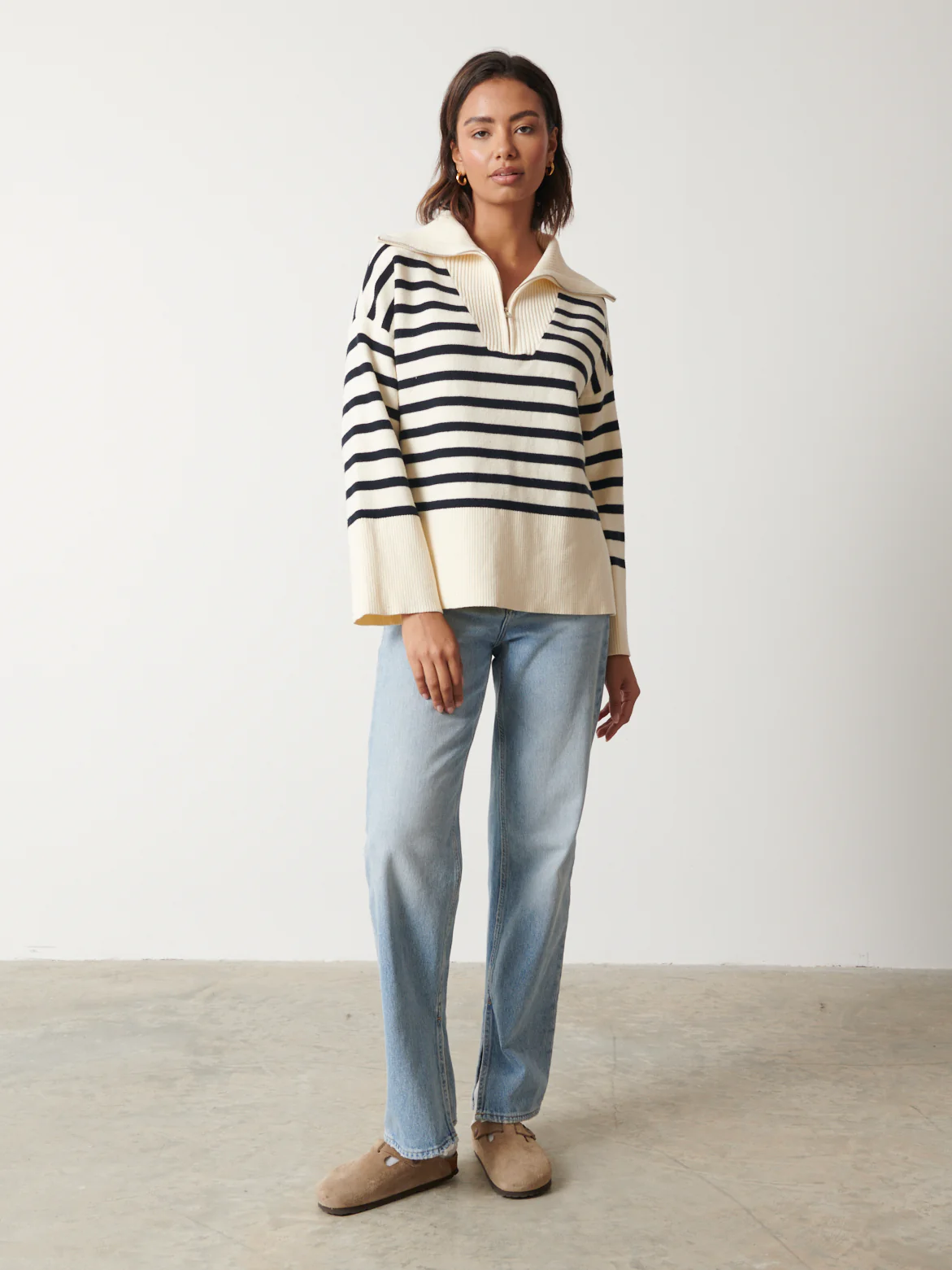 Jayden Funnel Neck Zip Jumper - Cream and Navy - Image 4