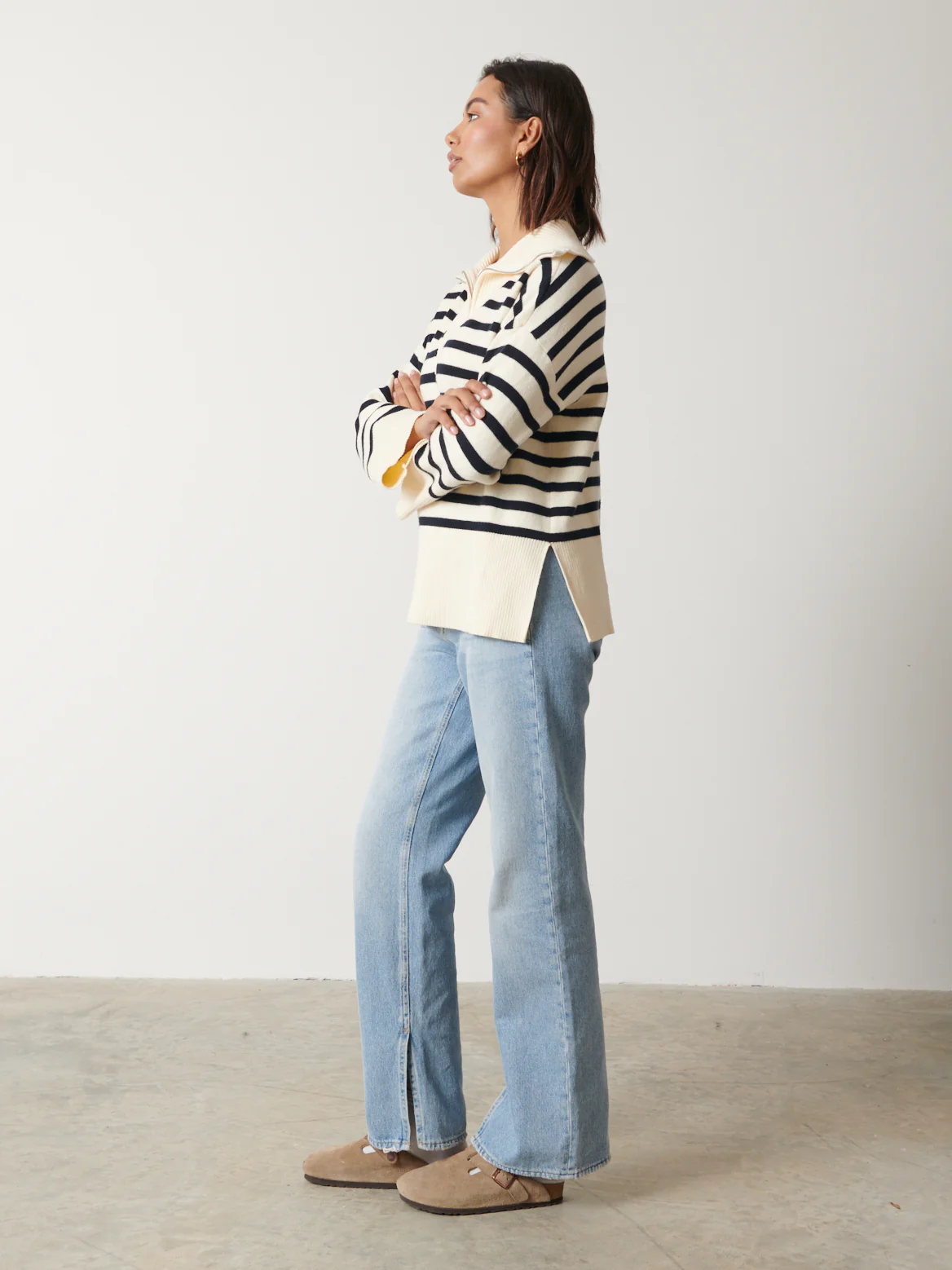 Jayden Funnel Neck Zip Jumper - Cream and Navy - Image 5