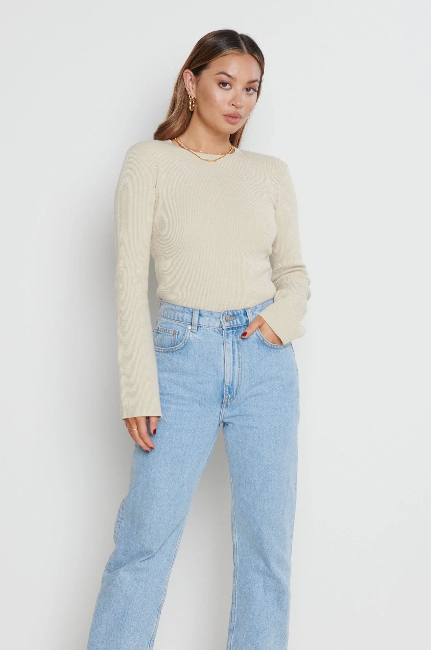 Jayla Long Sleeve Knit Top - Beige - Image 12