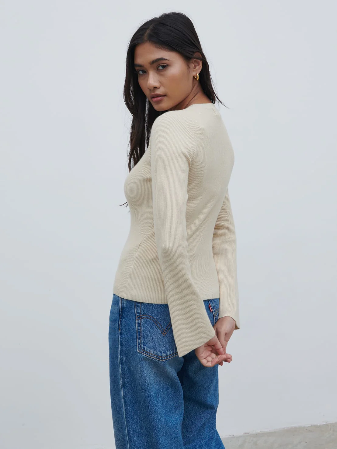 Jayla Long Sleeve Knit Top - Beige - Image 3