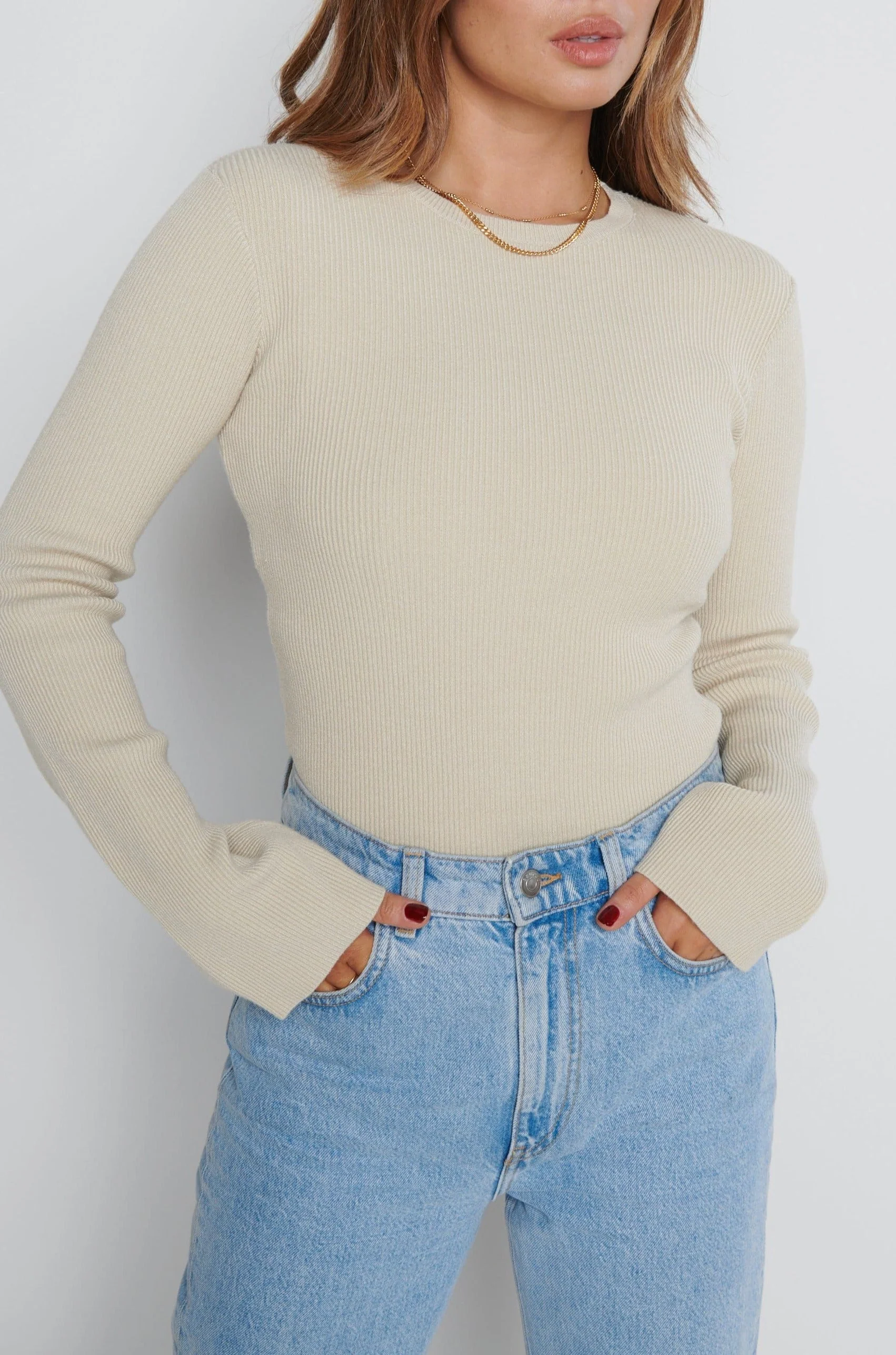 Jayla Long Sleeve Knit Top - Beige - Image 9