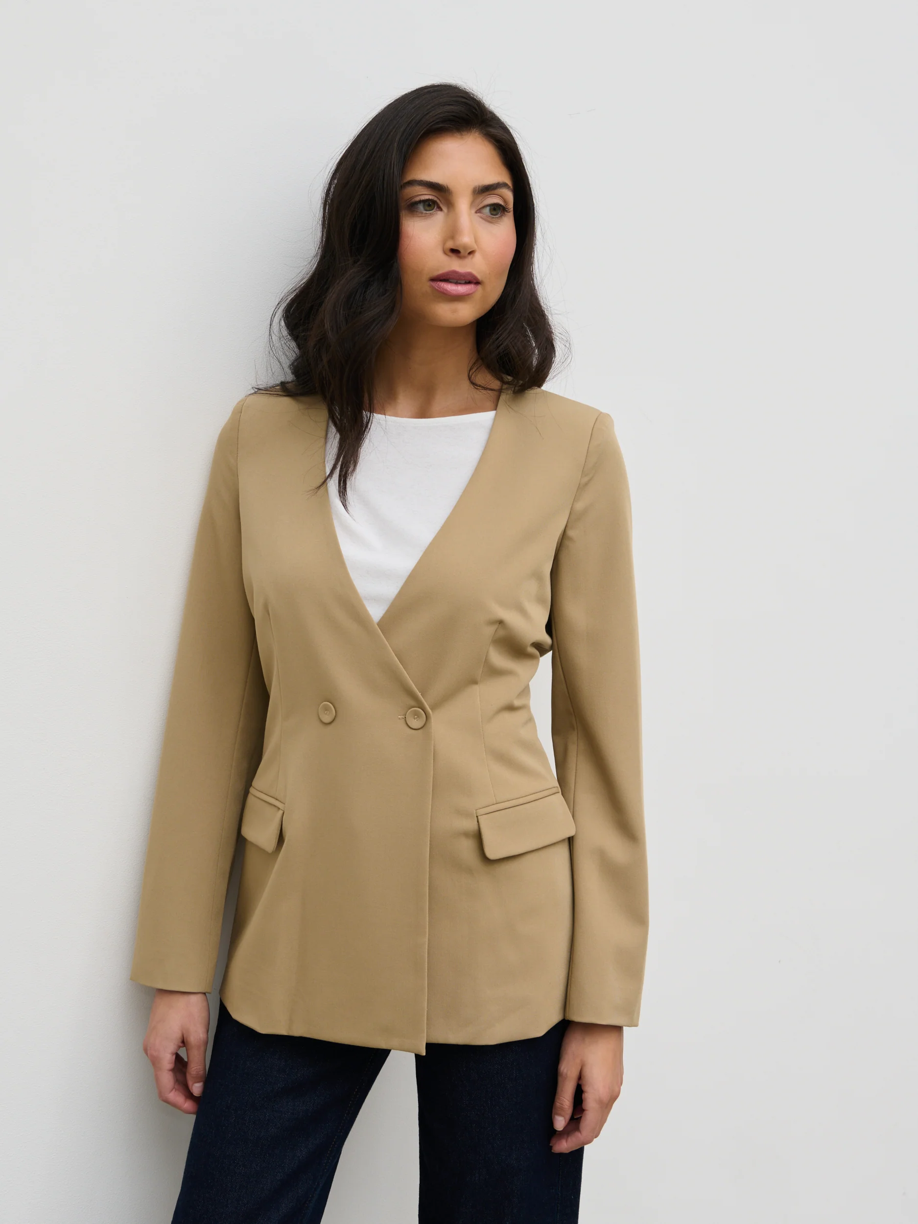 Jean Collarless Blazer - Camel Beige - Image 5