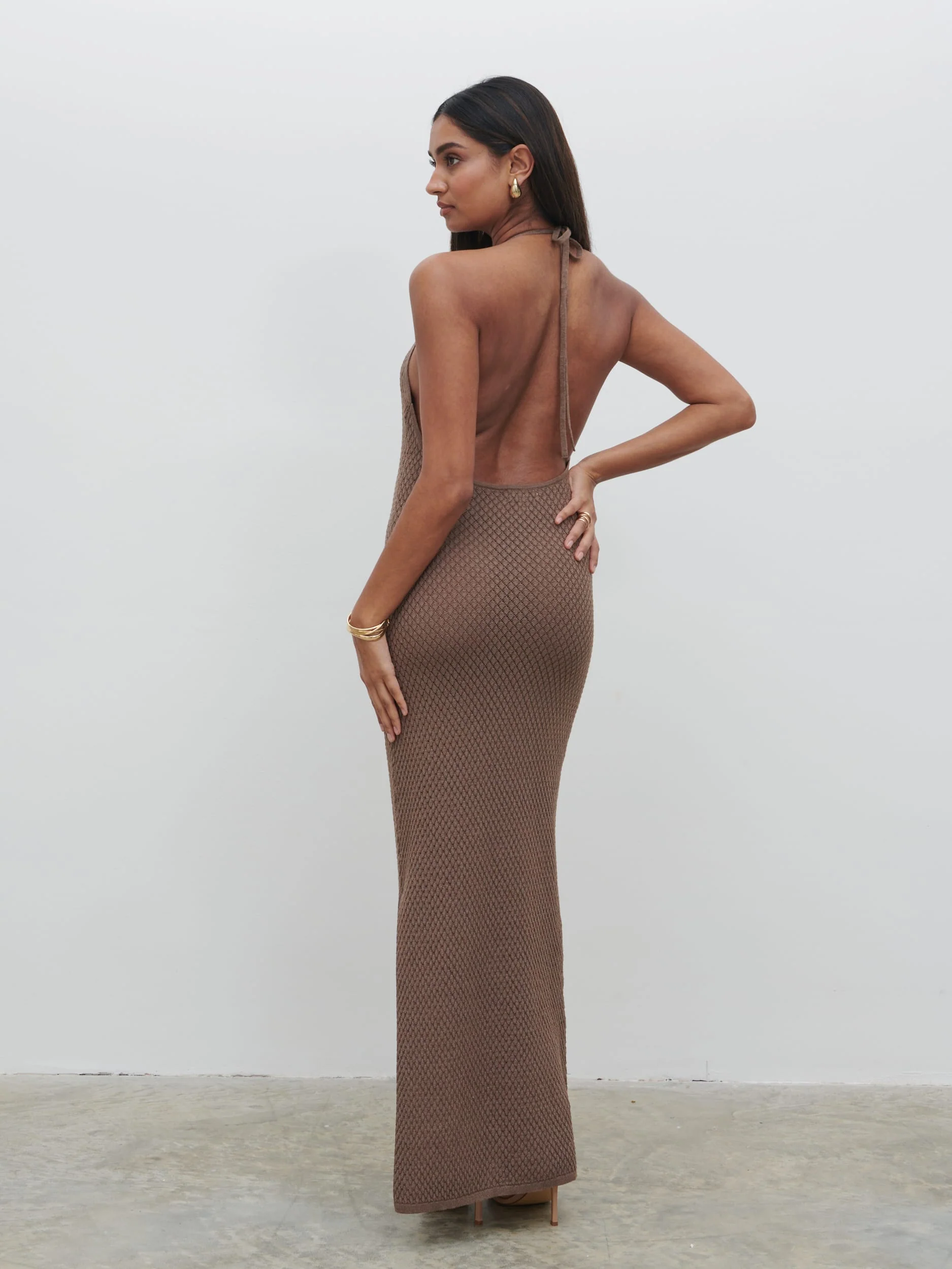 Jenna Halter Neck Knit Midaxi Dress - Brown - Image 3
