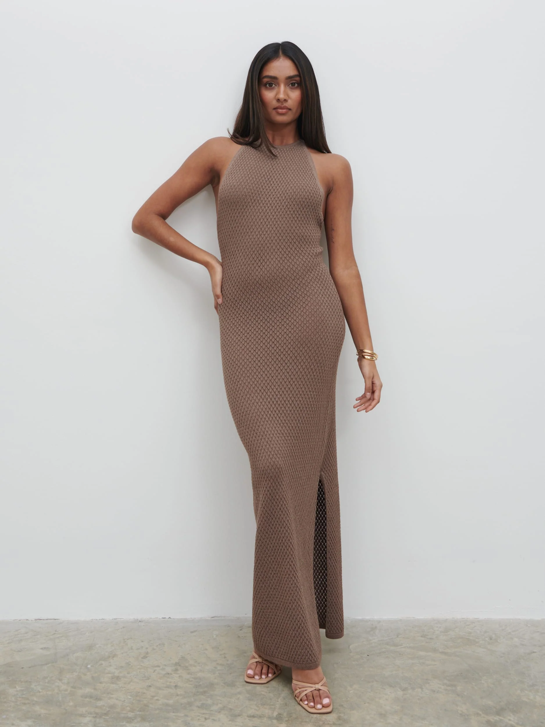 Jenna Halter Neck Knit Midaxi Dress - Brown - Image 4
