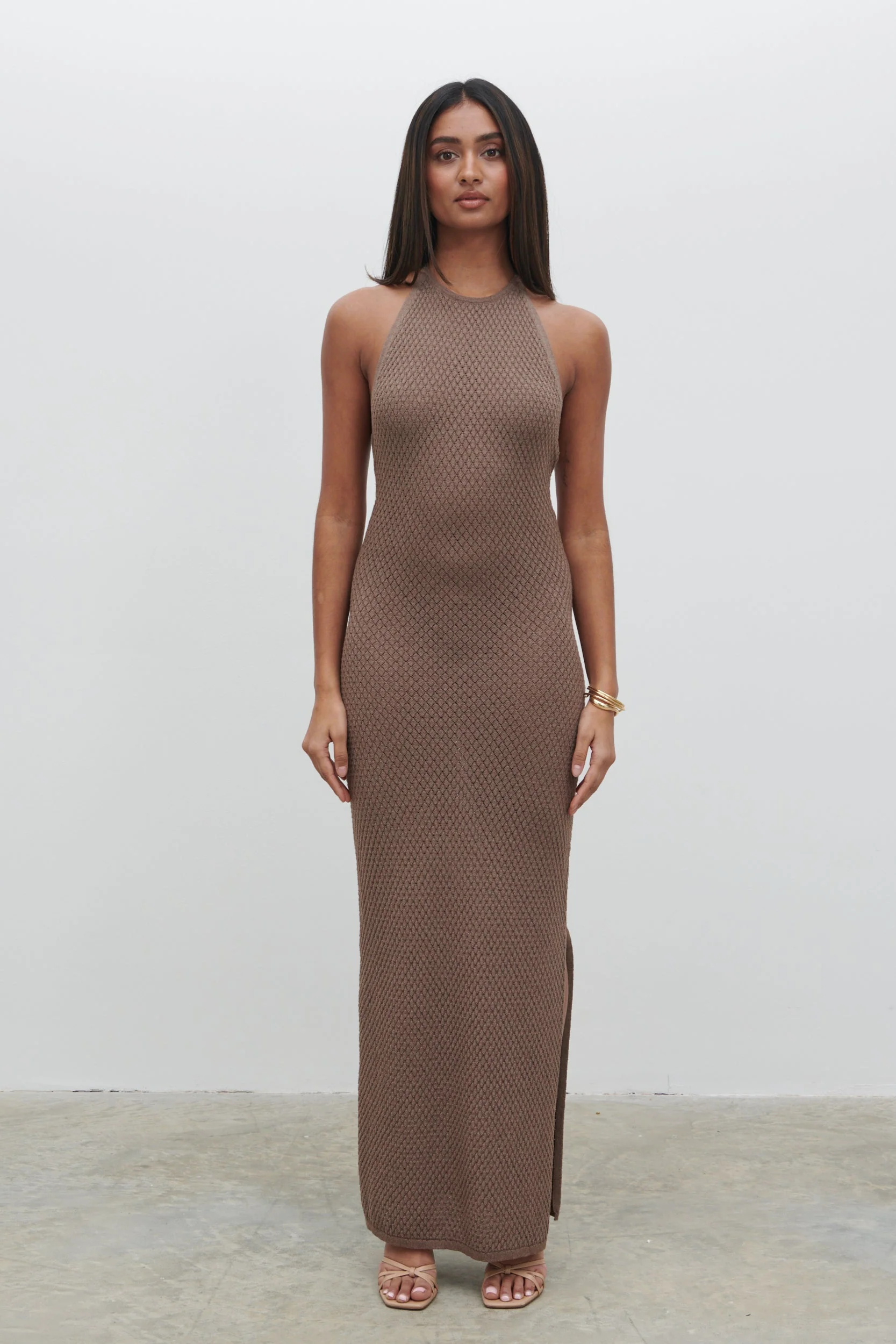 Jenna Halter Neck Knit Midaxi Dress - Brown - Image 6