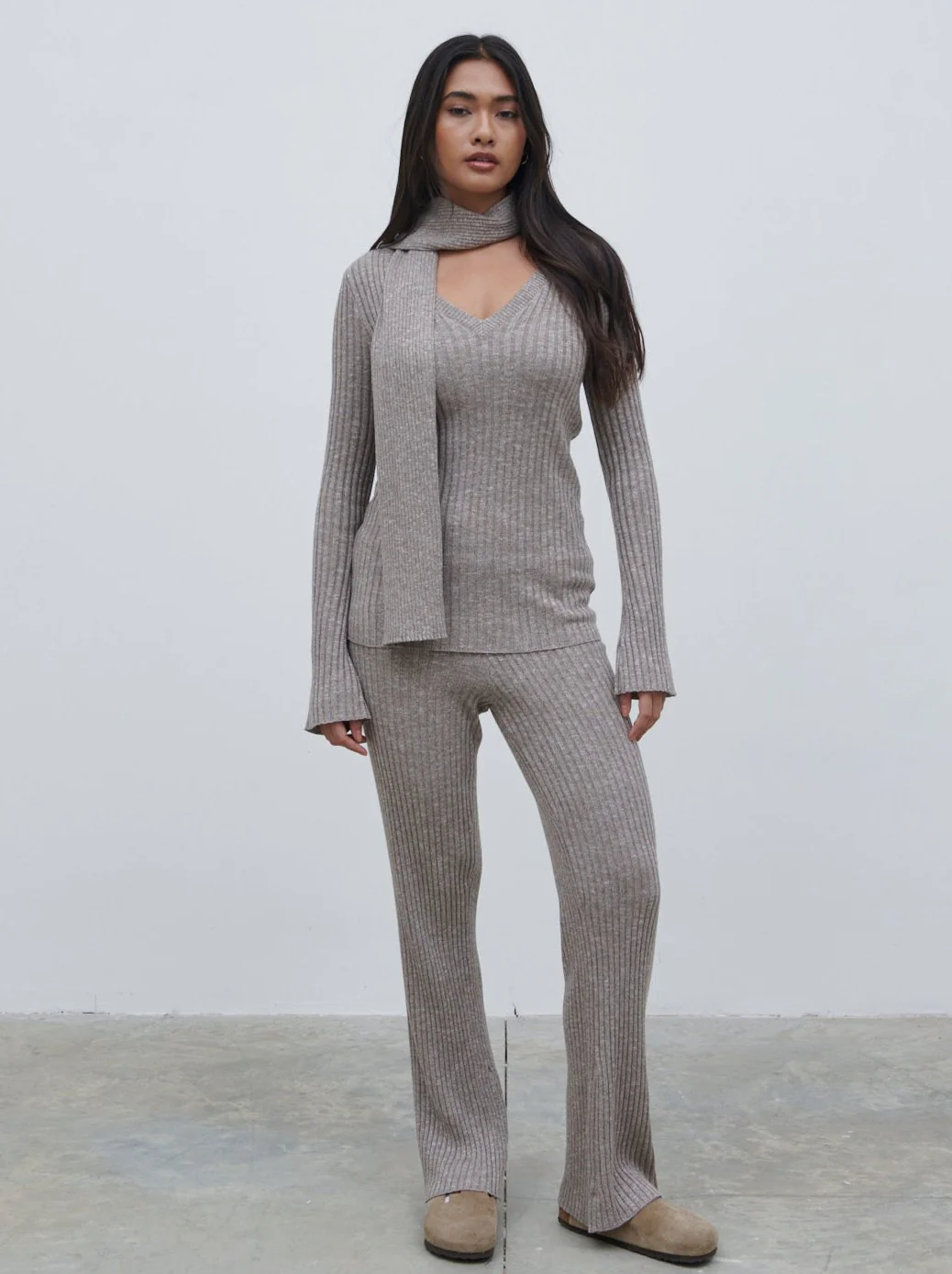Jessie V Neck Ribbed Knit Top with Scarf - Grey Marl - Image 4