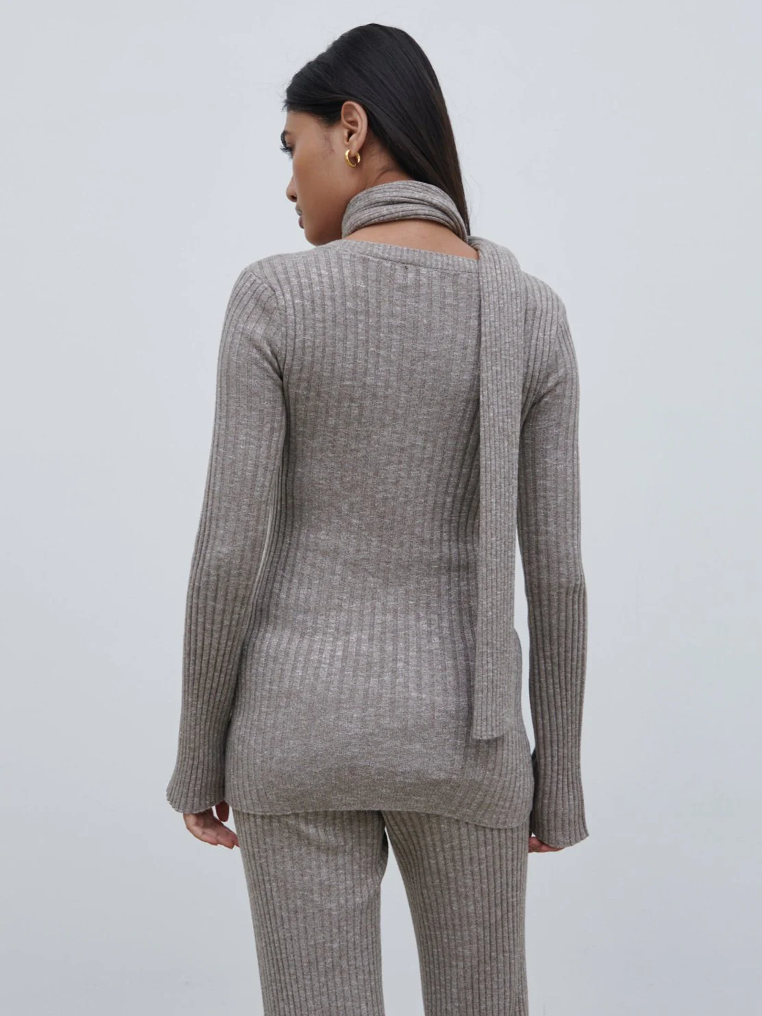 Jessie V Neck Ribbed Knit Top with Scarf - Grey Marl - Image 5