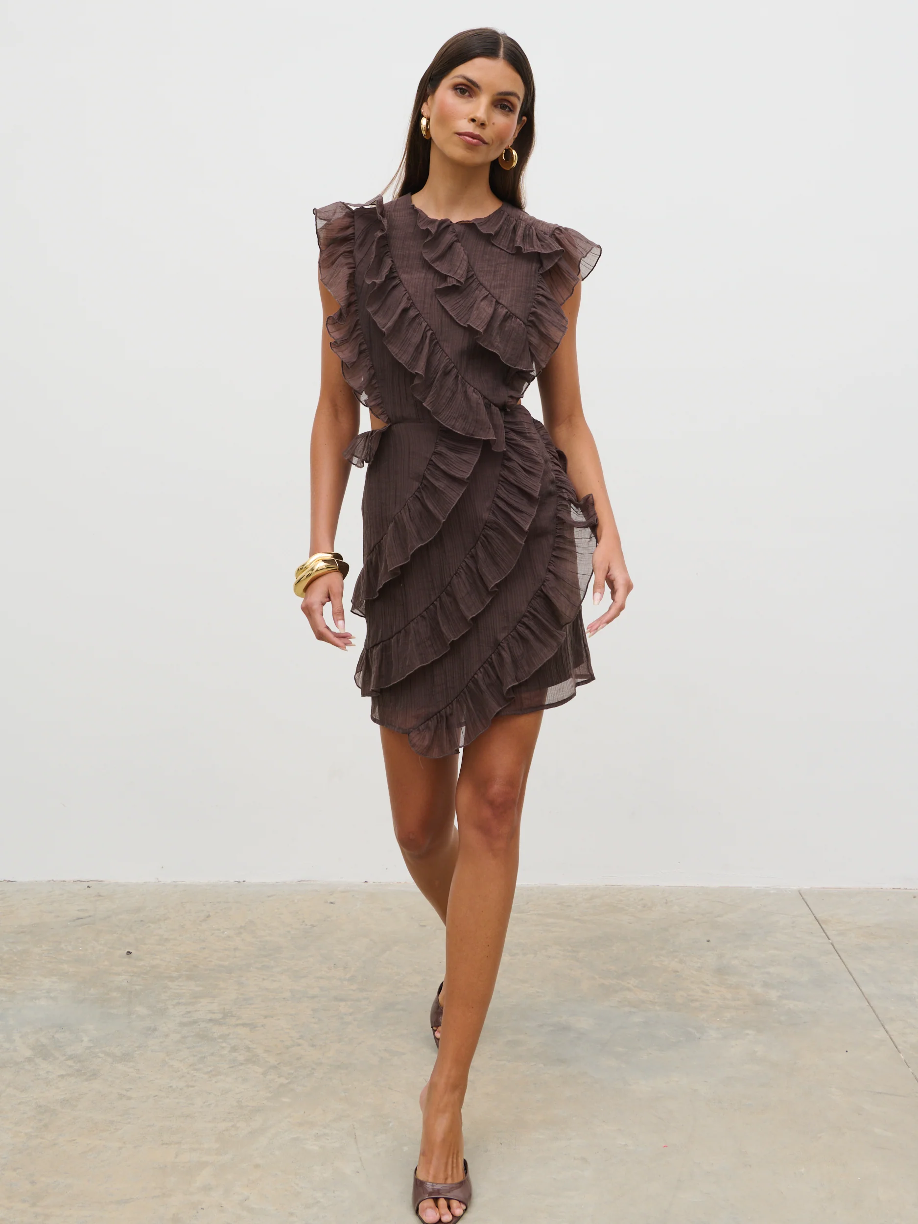 Joss Ruffle Mini Dress - Brown - Image 5