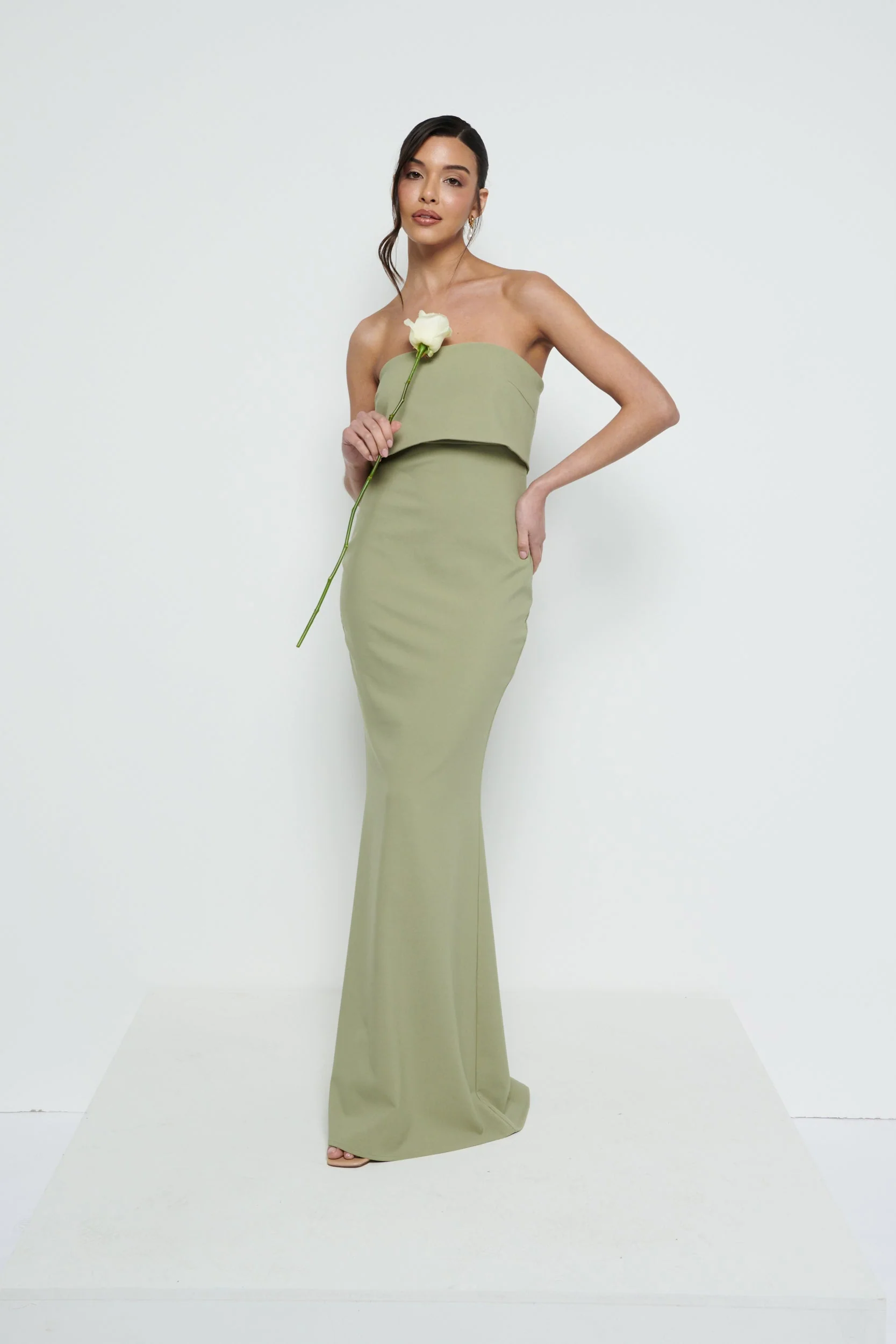 Julia Strapless Crepe Maxi Bridesmaid Dress - Olive - Image 6