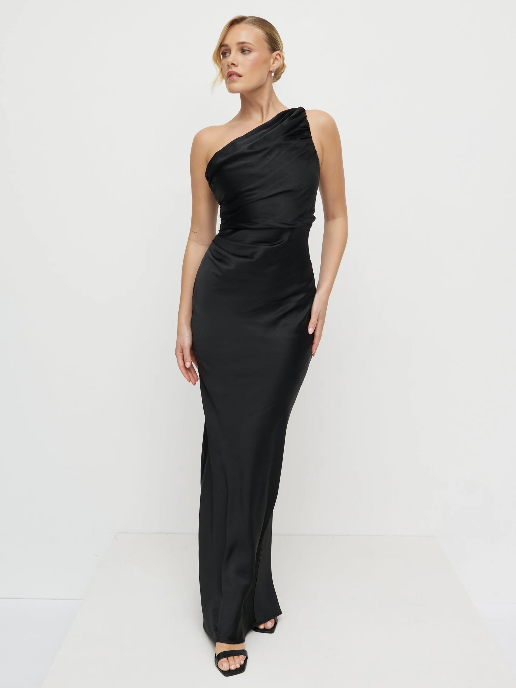 Juliet Ruched Satin Maxi Dress - Black - Image 3