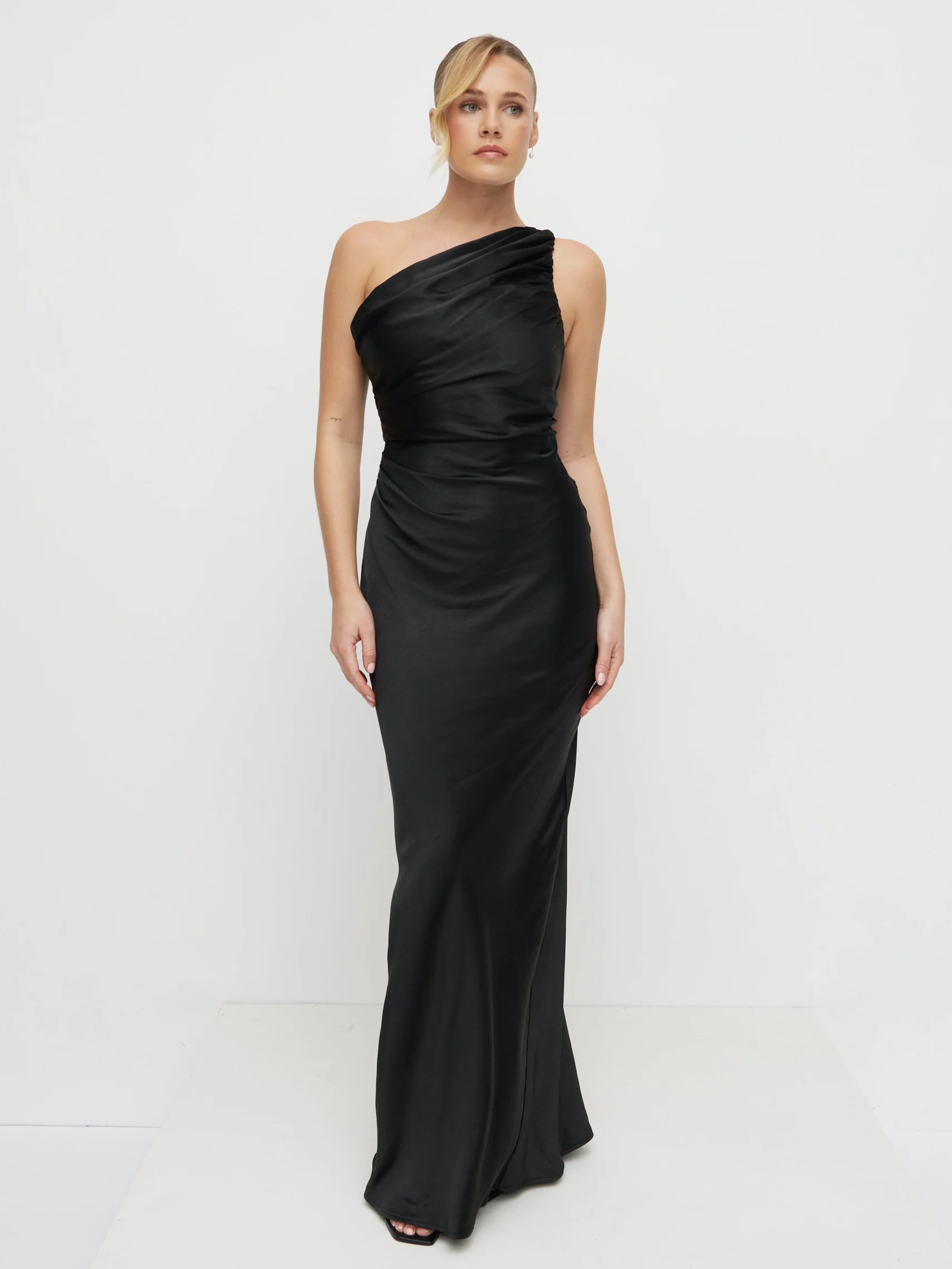 Juliet Ruched Satin Maxi Dress - Black - Image 5