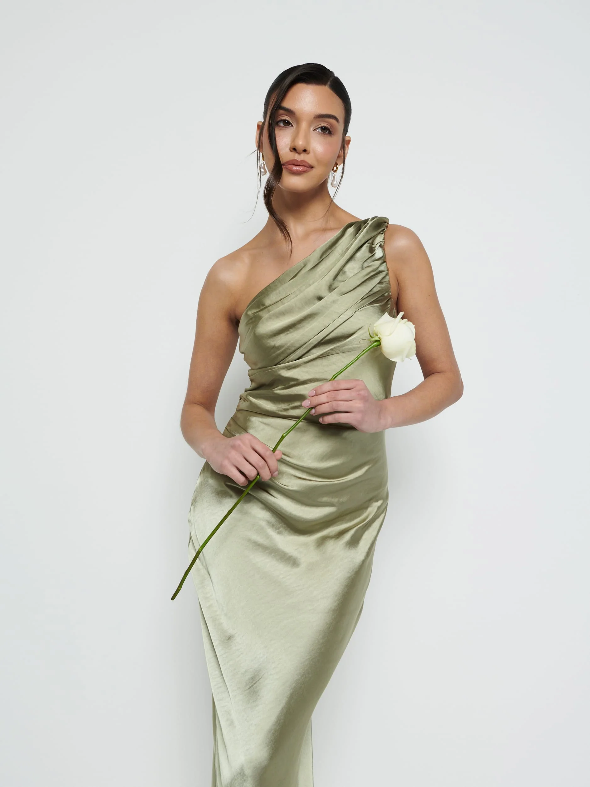 Juliet Ruched Maxi Bridesmaid Dress - Matte Olive - Image 2