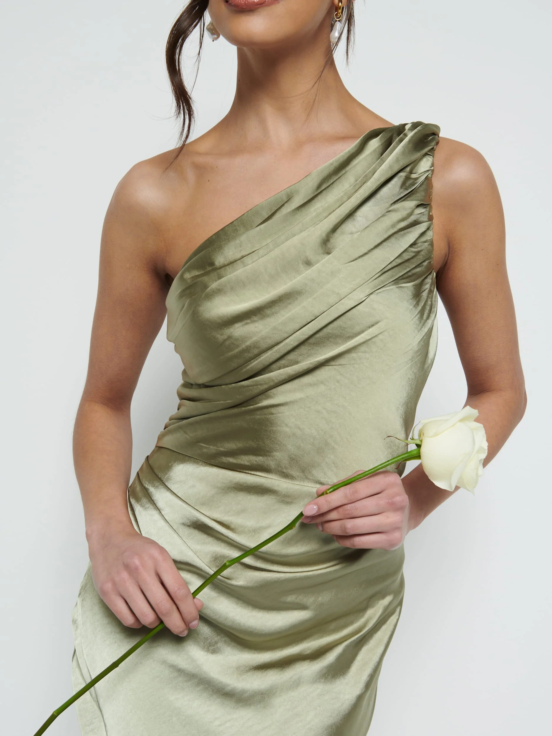Juliet Ruched Maxi Bridesmaid Dress - Matte Olive - Image 3