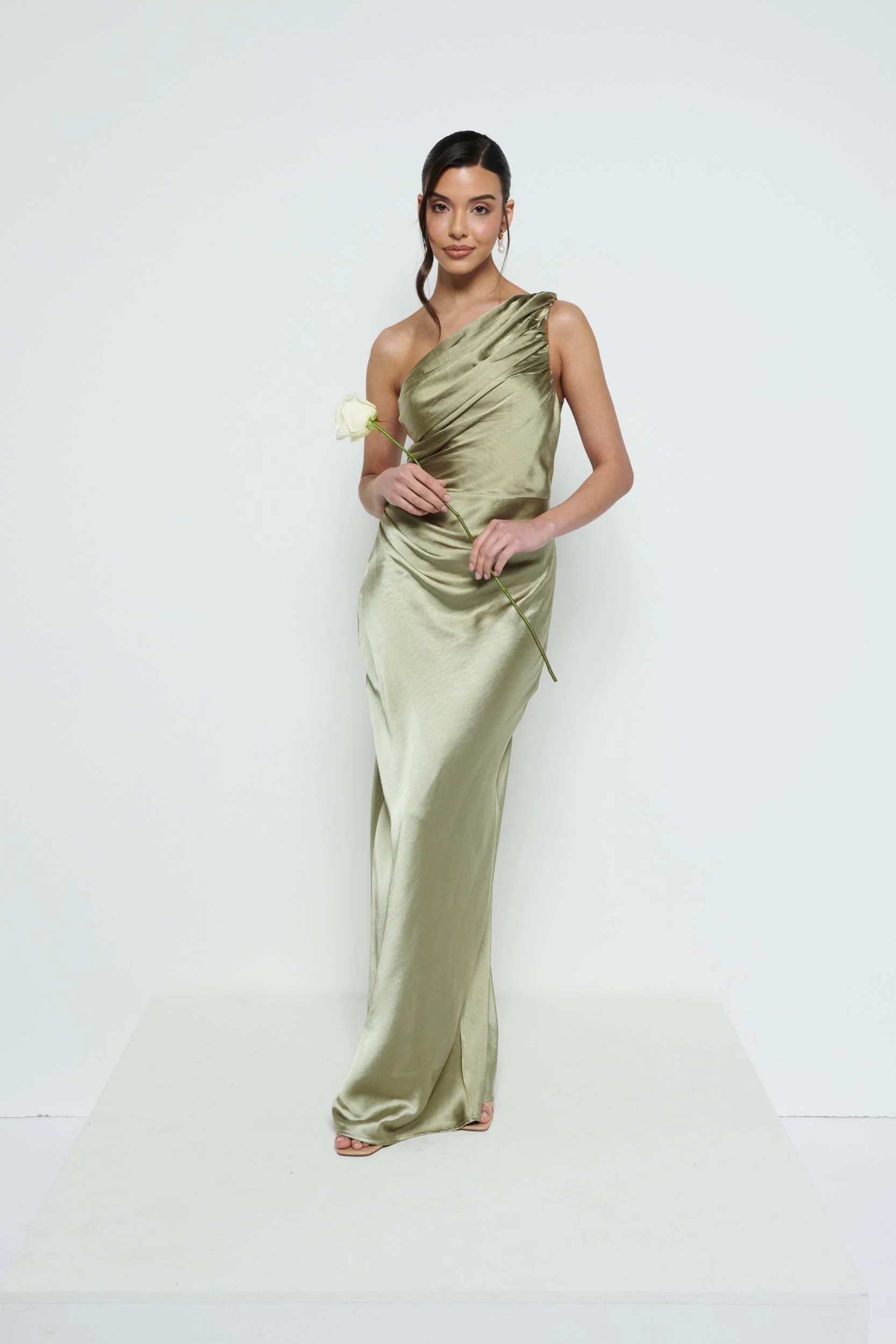 Juliet Ruched Maxi Bridesmaid Dress - Matte Olive - Image 5