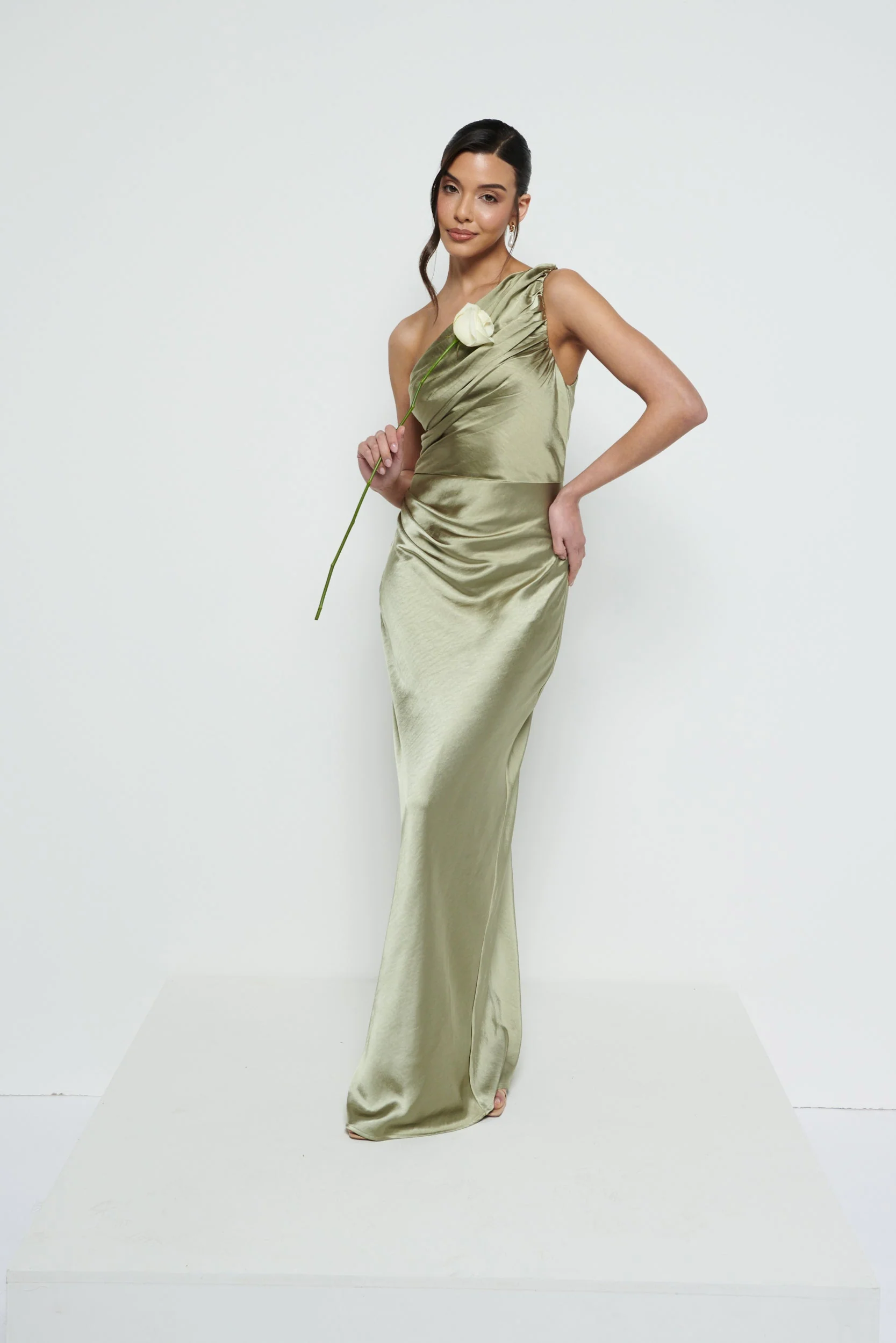 Juliet Ruched Maxi Bridesmaid Dress - Matte Olive - Image 6