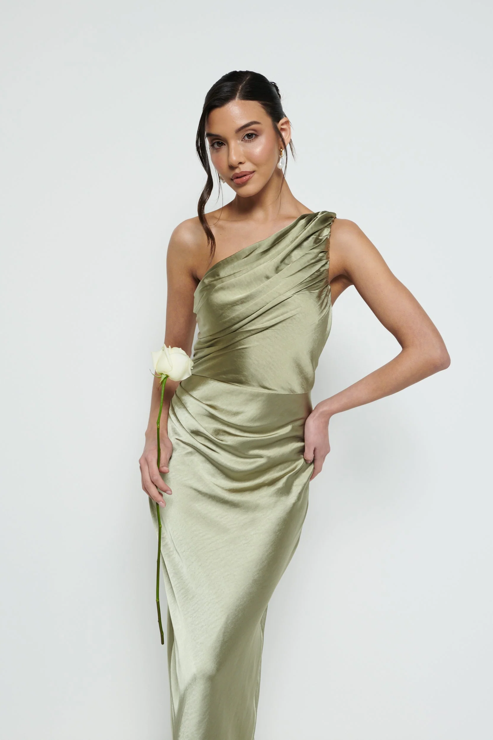 Juliet Ruched Maxi Bridesmaid Dress - Matte Olive - Image 7