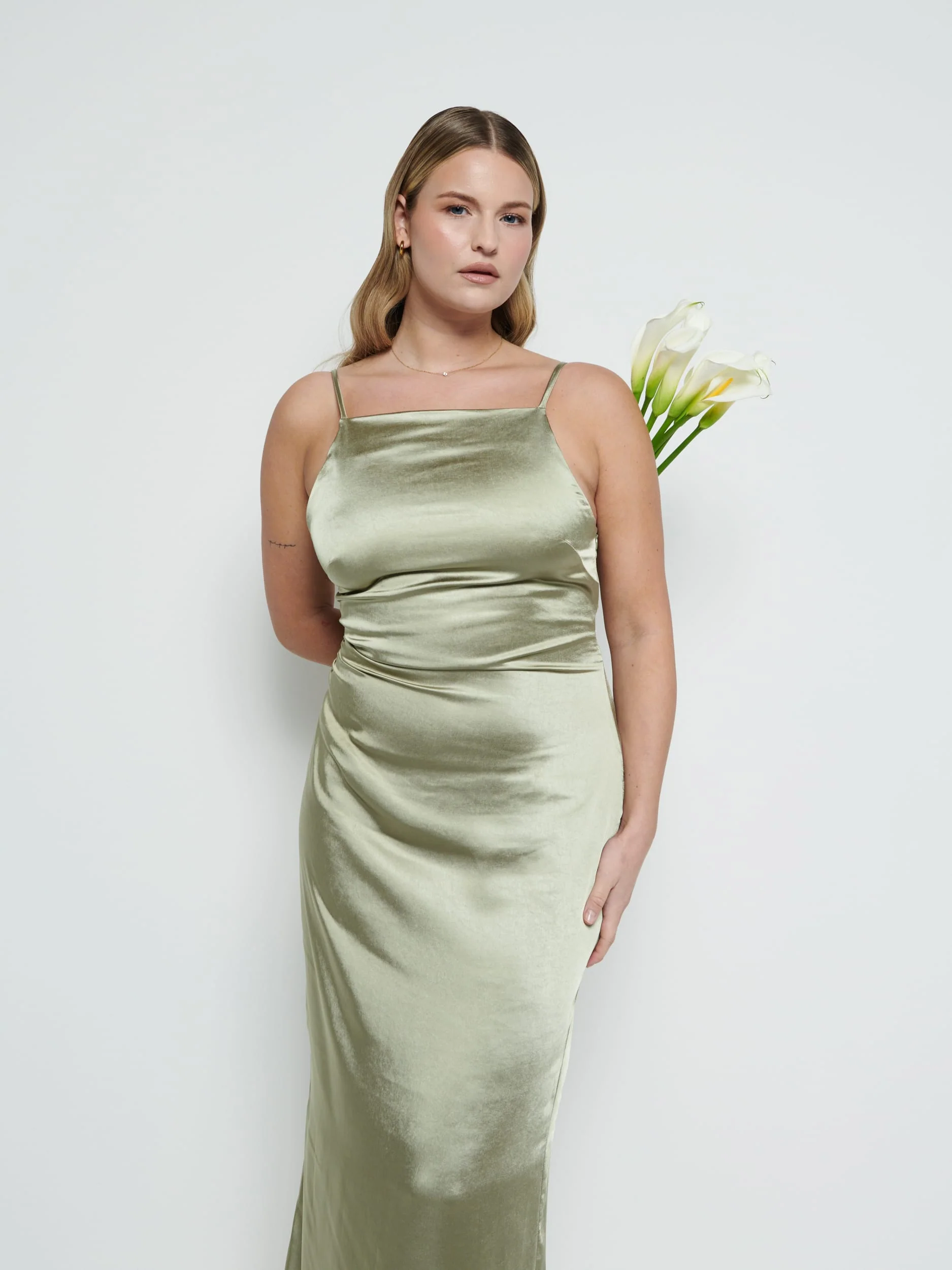 June Satin Maxi Bridesmaid Dress - Olive - Image 2