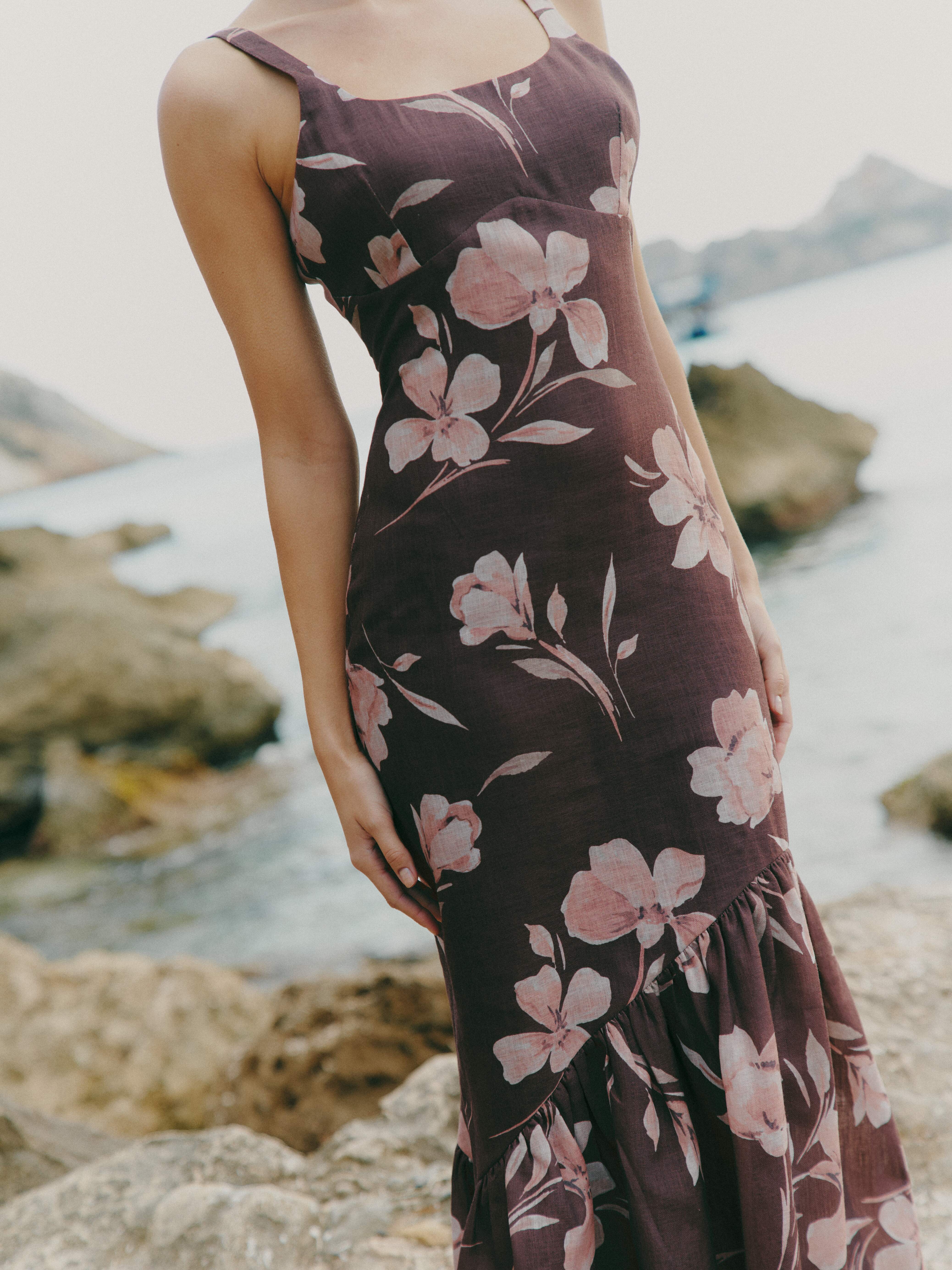 Kaia Scoop Neck Printed Frill Maxi Dress - Brown Botanical Lily Floral - Image 2