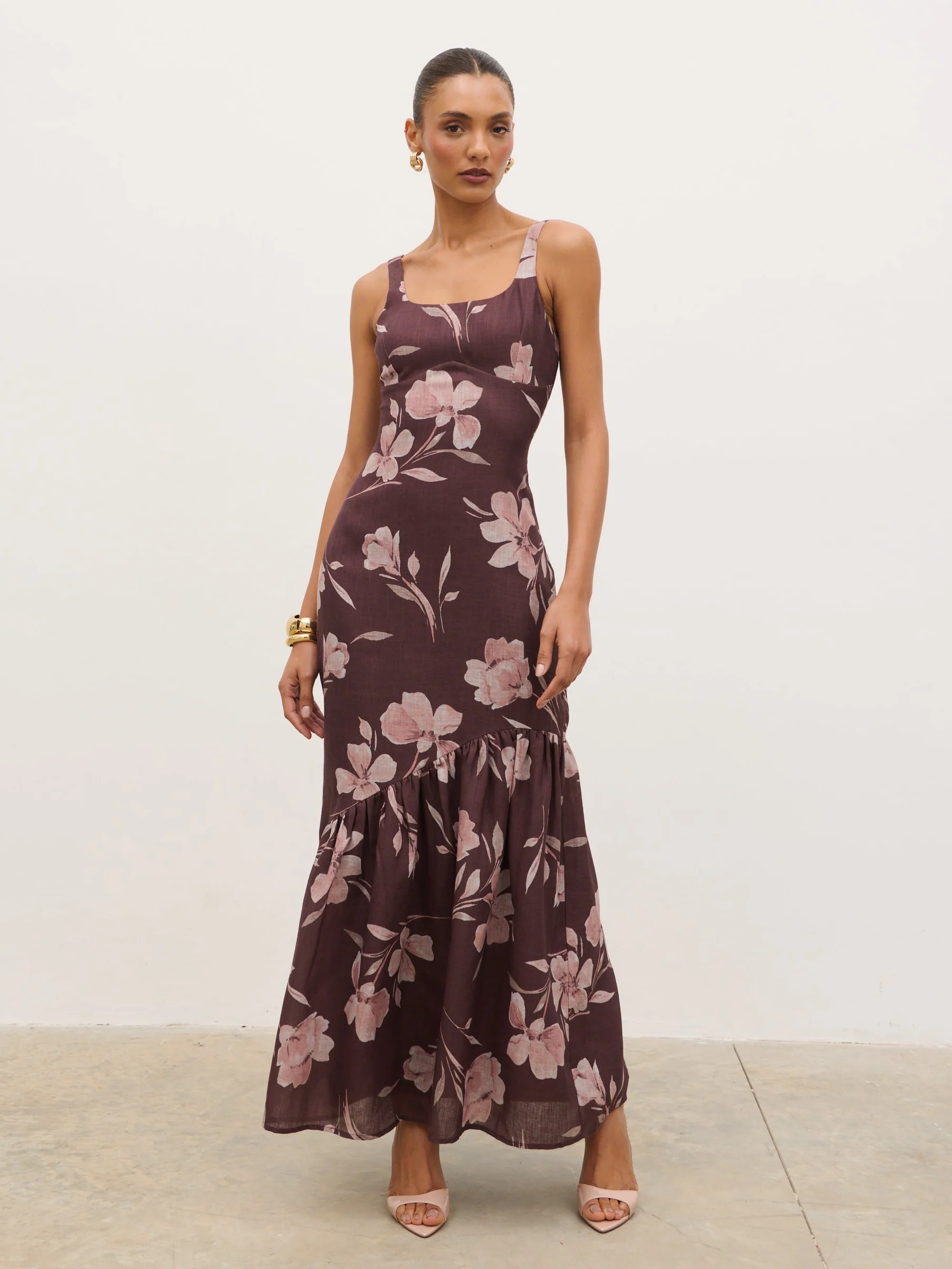 Kaia Scoop Neck Printed Frill Maxi Dress - Brown Botanical Lily Floral - Image 3