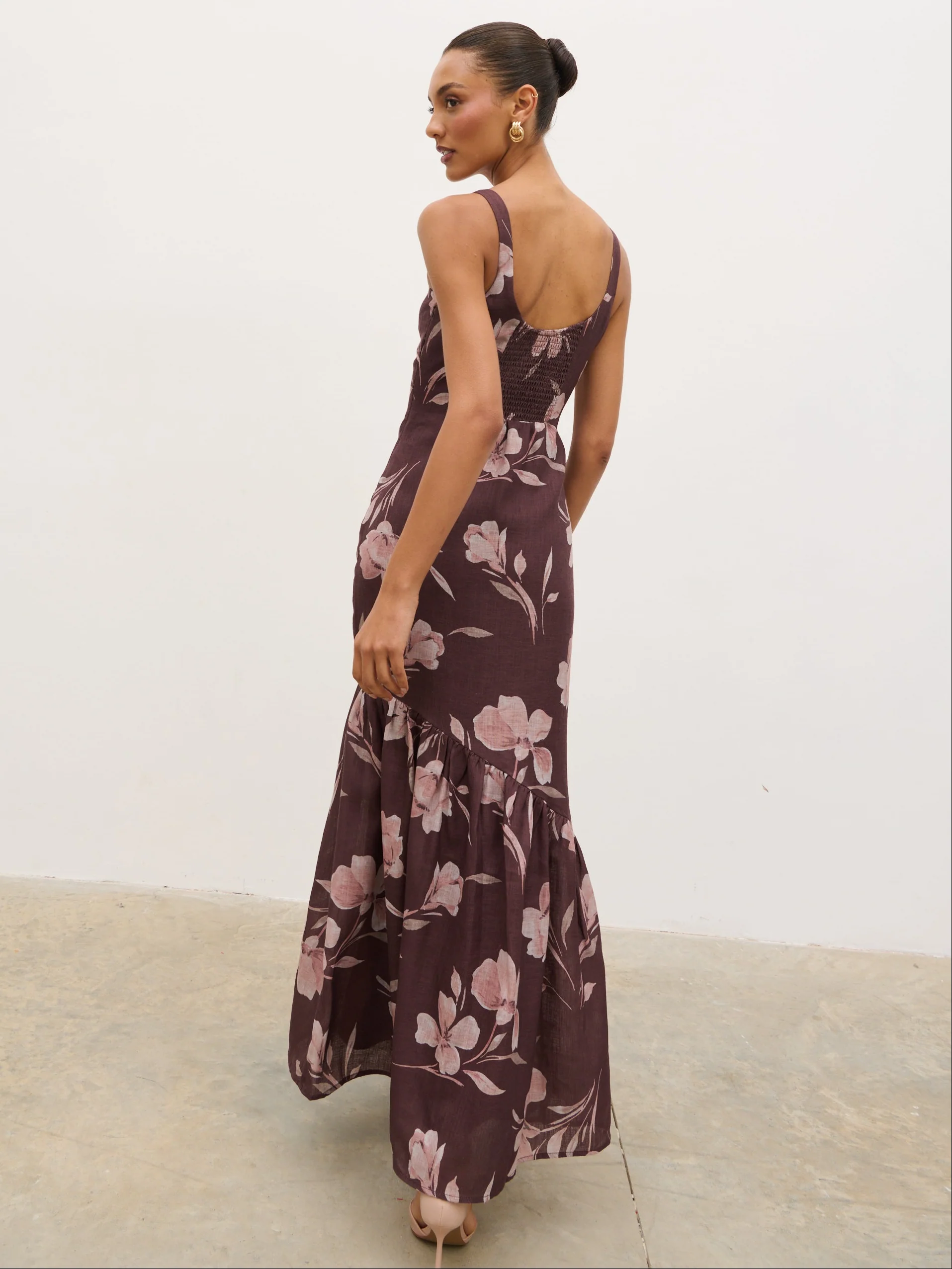Kaia Scoop Neck Printed Frill Maxi Dress - Brown Botanical Lily Floral - Image 5