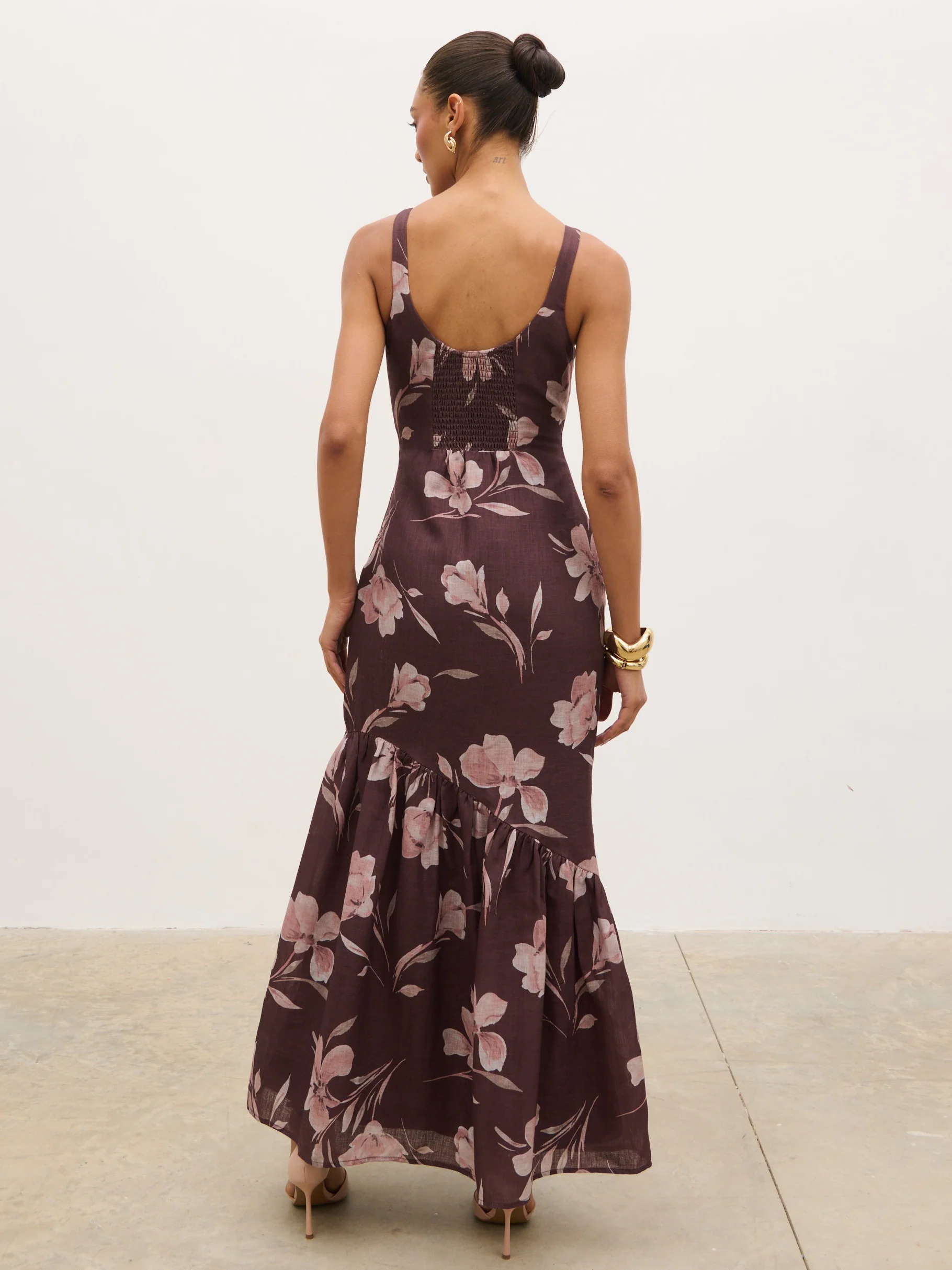 Kaia Scoop Neck Printed Frill Maxi Dress - Brown Botanical Lily Floral - Image 7