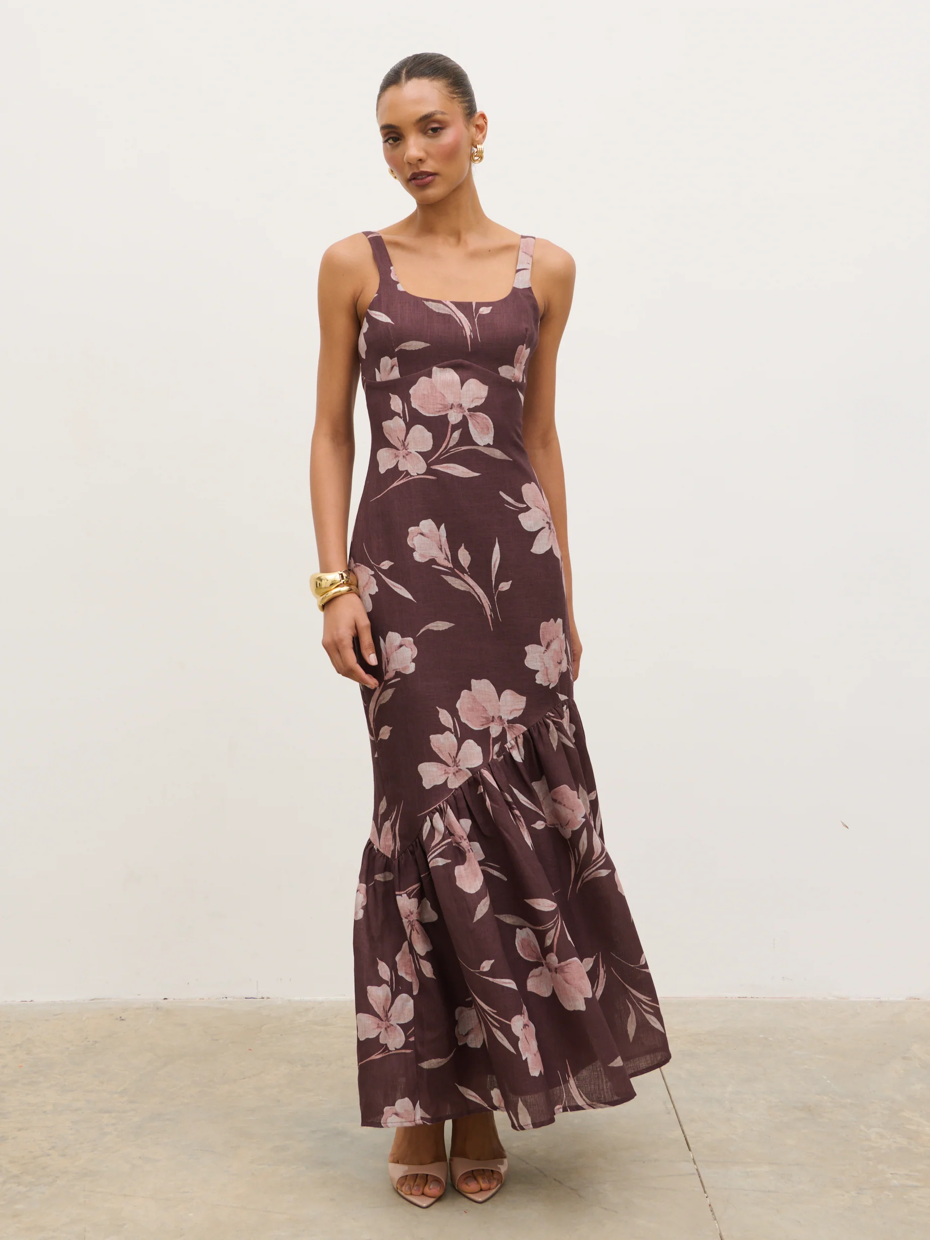 Kaia Scoop Neck Printed Frill Maxi Dress - Brown Botanical Lily Floral - Image 8